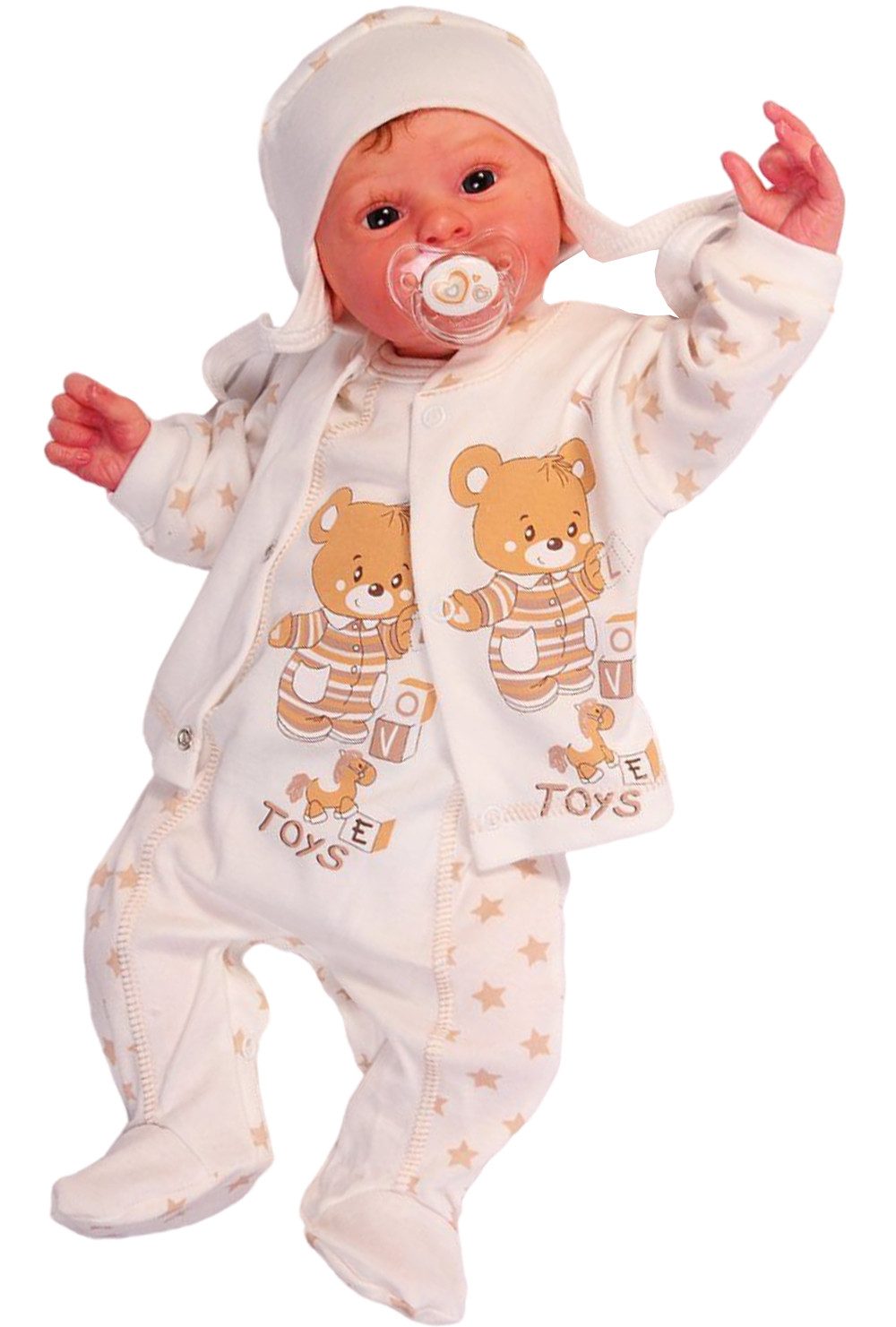 La Bortini Strampler, Jäckchen & Mütze Baby Anzug Stramplerhose Hemdchen Mütze mit Sternen aus reiner Baumwolle, in Creme, mit Bärchen, 44 50 56 62 68 74