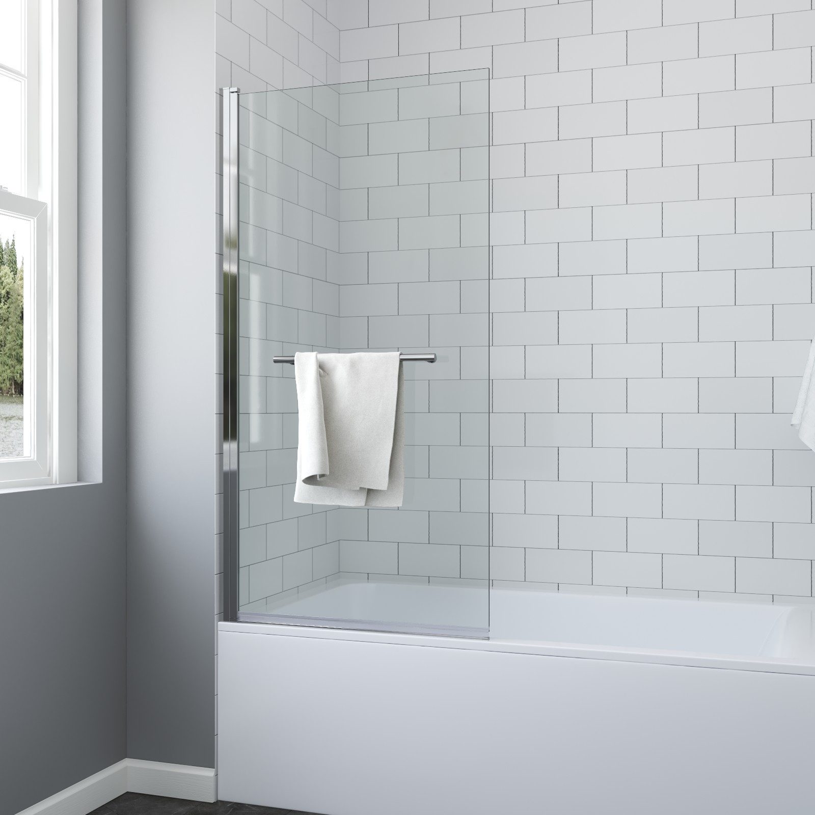 AQUABATOS Badewannenaufsatz 8mm Badewannenaufsatz Eck Badewanne Duschtrennwand 1-teilig Klarglas, Sicherheitsglas, 80x 150cm, mit Handtuchhalter, Nano Beschichtung, Chromoptik, Drehbar
