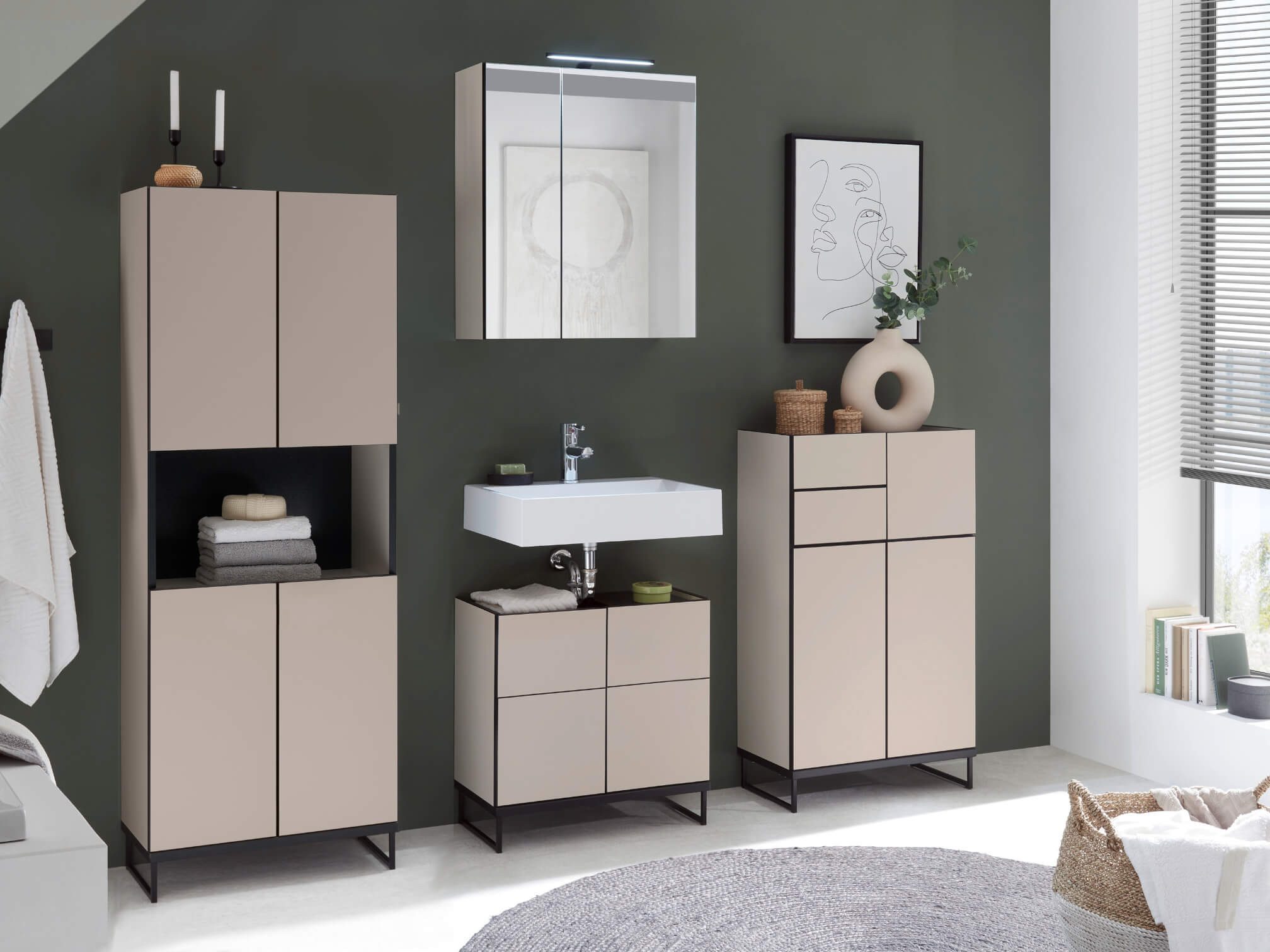 moebel-dich-auf Badmöbel-Set VENEZIA, (inklusive LED-Beleuchtung, kaschmir Spiegelschrank WBU optional mit Hoch-/Highboard), Metall Füße