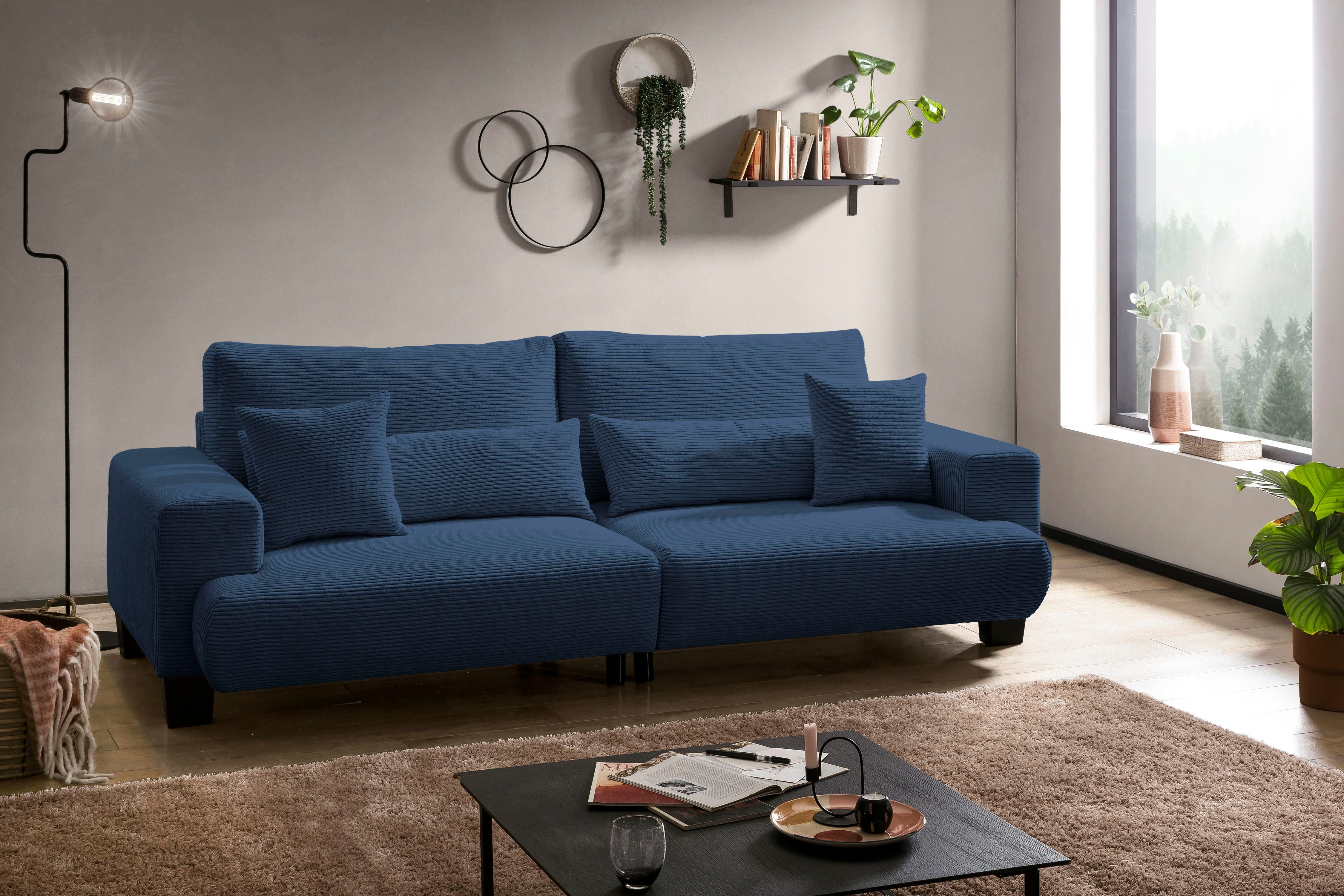 exxpo - sofa fashion Big-Sofa Big Ayo, Megasofa, toller Sitzkomfort, modern & zeitlos, Cord Bezug, inkl. loser Rücken- und Zierkissen, frei im Raum stellbar, navy