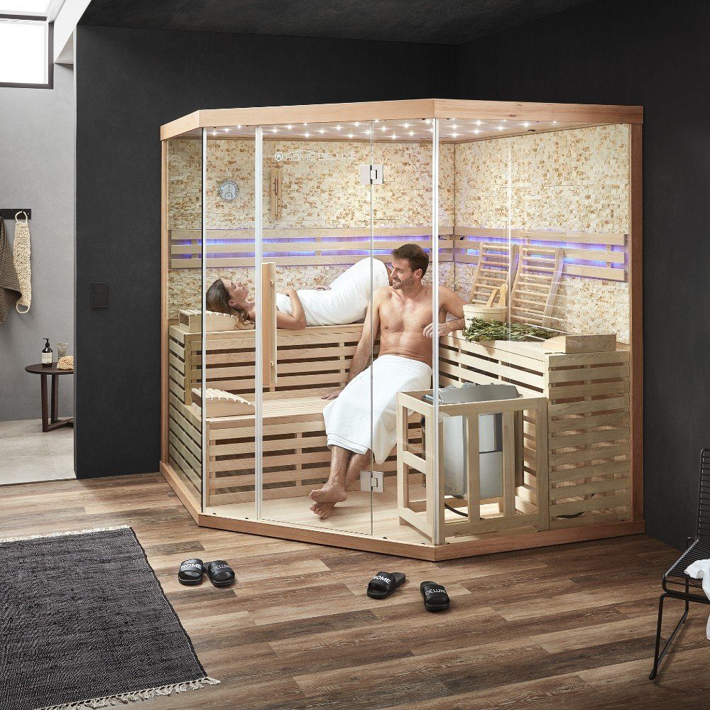 HOME DELUXE Sauna Traditionelle Sauna SKYLINE BIG - XL mit Kunststeinwand, BxTxH: 200 x 200 x 210 cm, für bis zu 6 Personen, 8 kW Saunaofen, aus Hemlocktanne
