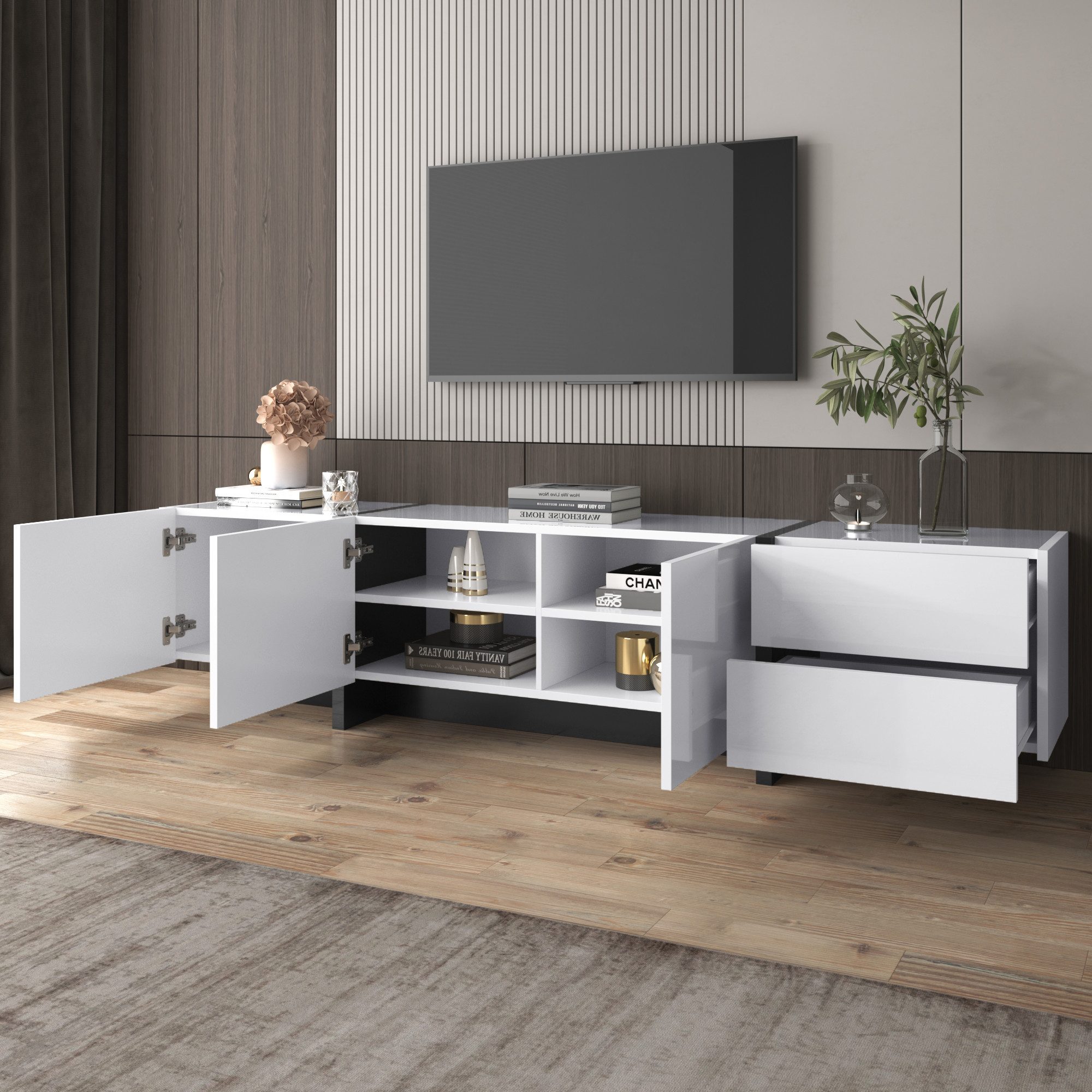 STILVORA Wohnzimmer-Set mit Schubladen,TV-Schrank Fernsehschrank mit Hochglanz,Schwarz+Weiß, (Mit farbblockierten Beinen in Hochglanz-Weiß und Schwarz, 1-St), Breite:190cm