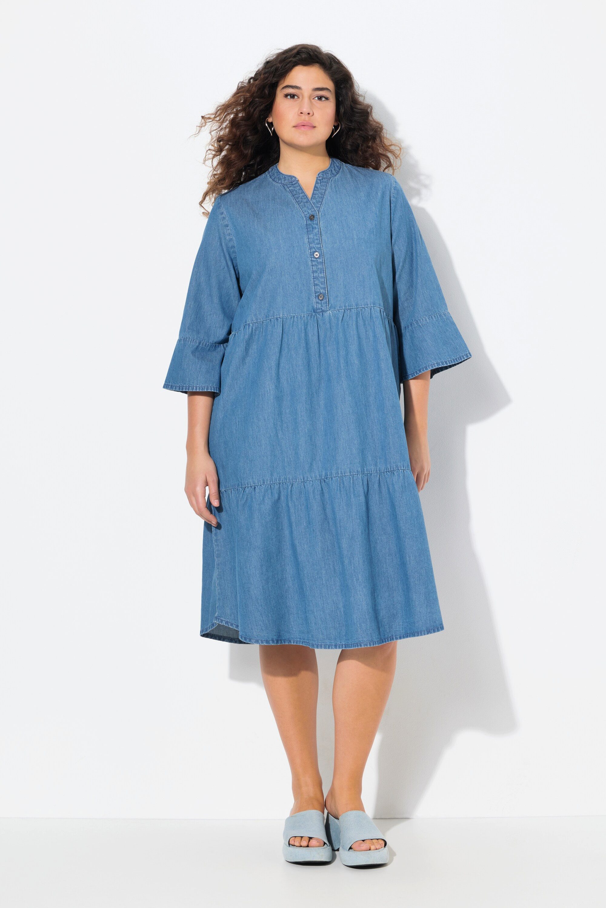 Jerseykleid Kleid Volants A-Linie Tunika-Ausschnitt 3/4-Arm