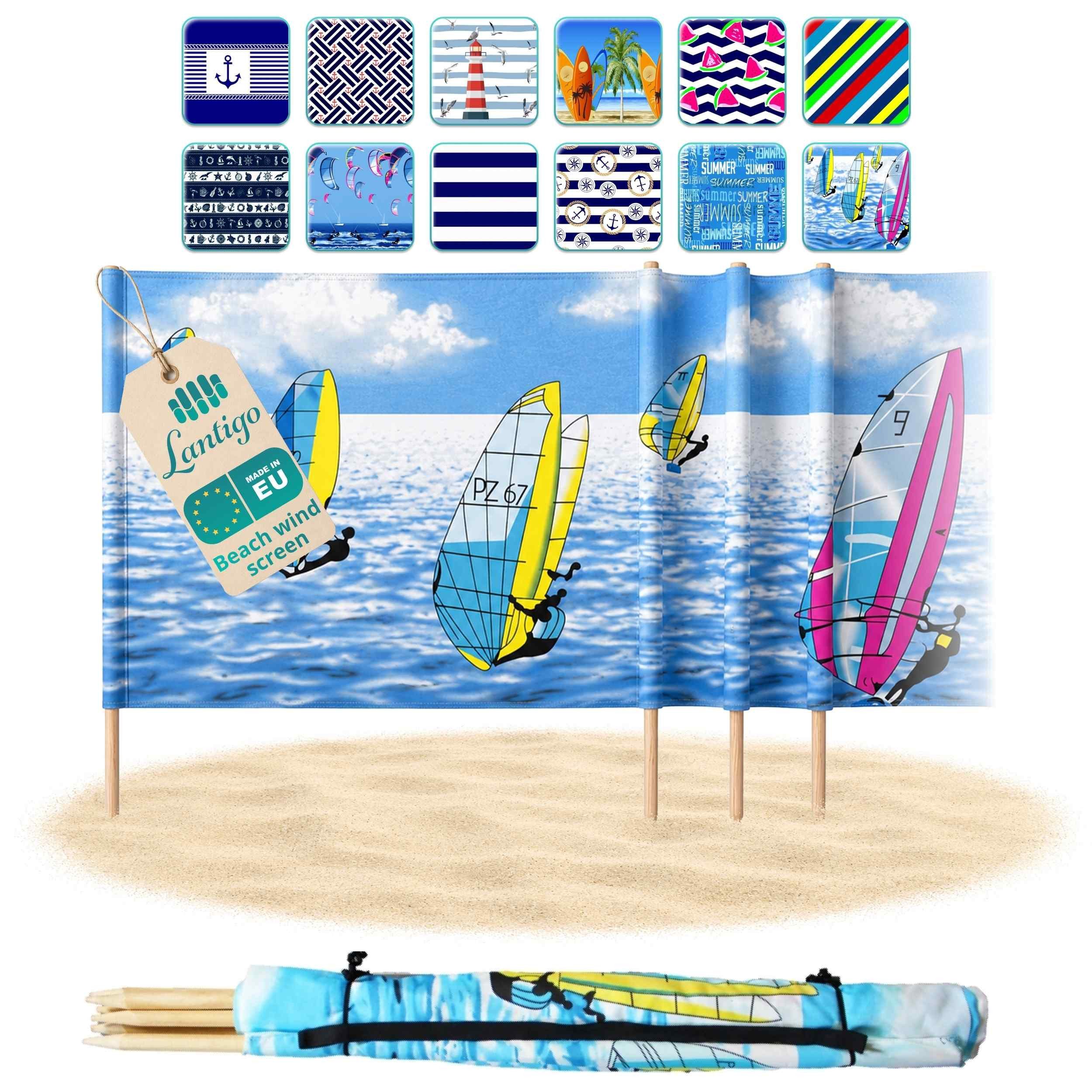 Lantigo Windschutz Sichtschutz Sonnenschutz Strandparavent aus Mikrofaser – portabel, (Surfing, Länge: 4 m), - Faltbarer Sonnenschutz für Strand, Camping & Garten