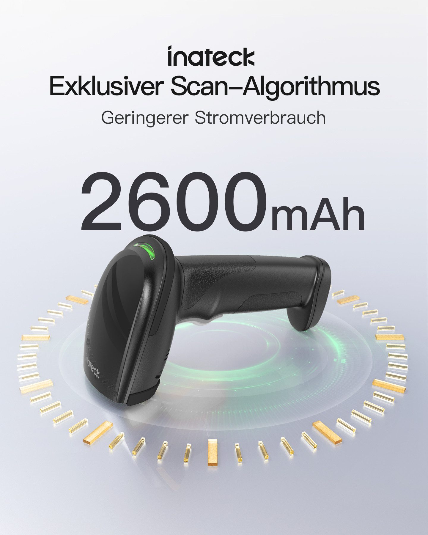 Inateck 1D 2D Handheld Barcode Scanner Bluetooth Kabellos USB Handscanner, (1 Aufladung, 3 Monate Dauerbetrieb, mit APP und SDK)