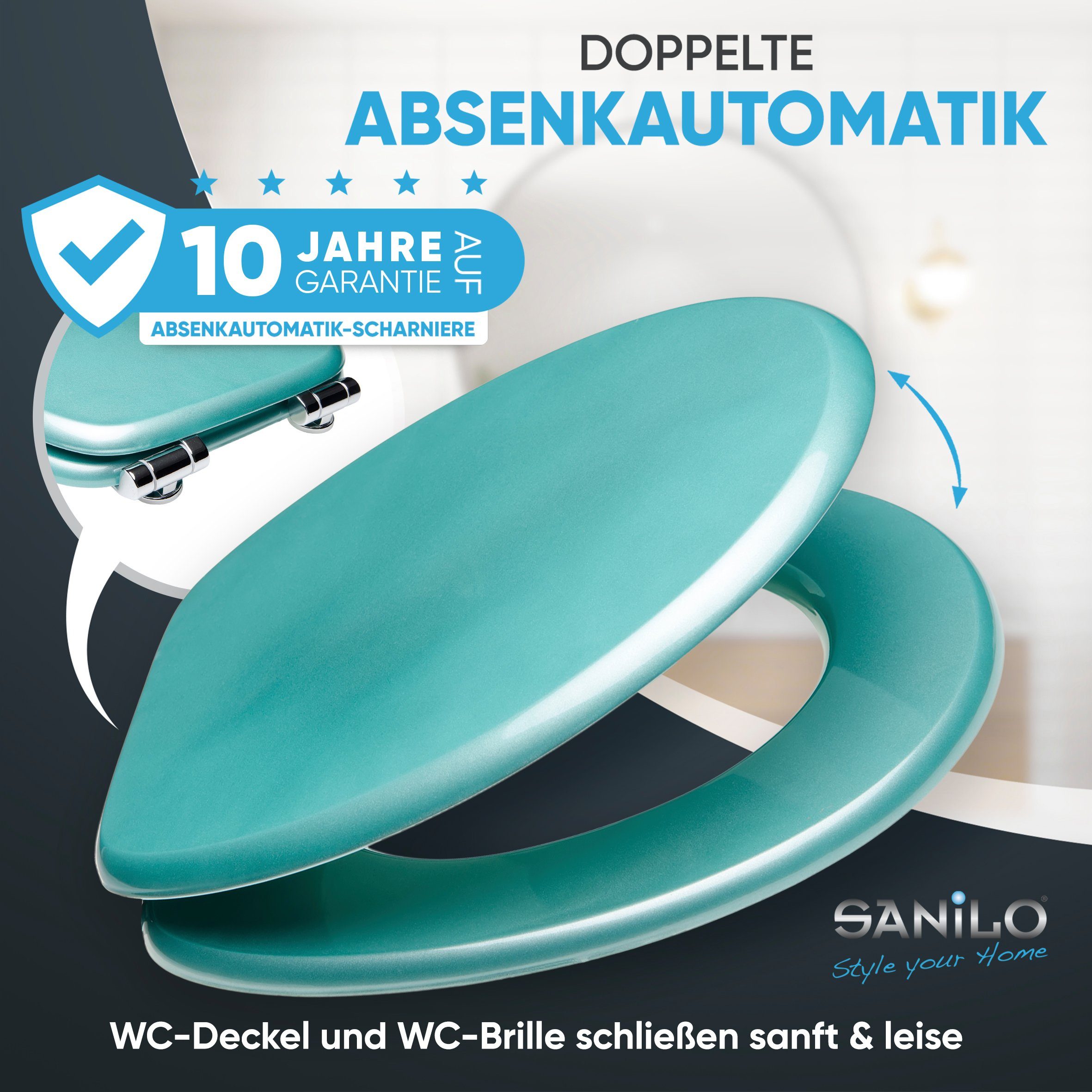 Sanilo WC-Sitz Glitzer Türkis mit Absenkautomatik, Toilettendeckel vom Hersteller, hochwertig & moderner Klodeckel mit Motiv, universell, leichte Montage