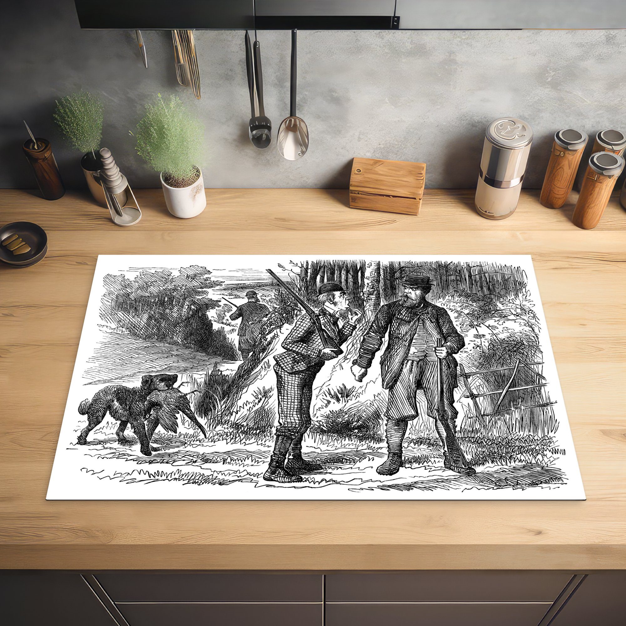 Vinyl, Jagdhund, Induktionskochfeld mit Jägern drei MuchoWow tlg), Ceranfeldabdeckung von für cm, Herdblende-/Abdeckplatte küche, Eine die Schutz Illustration einem 81x52 (1