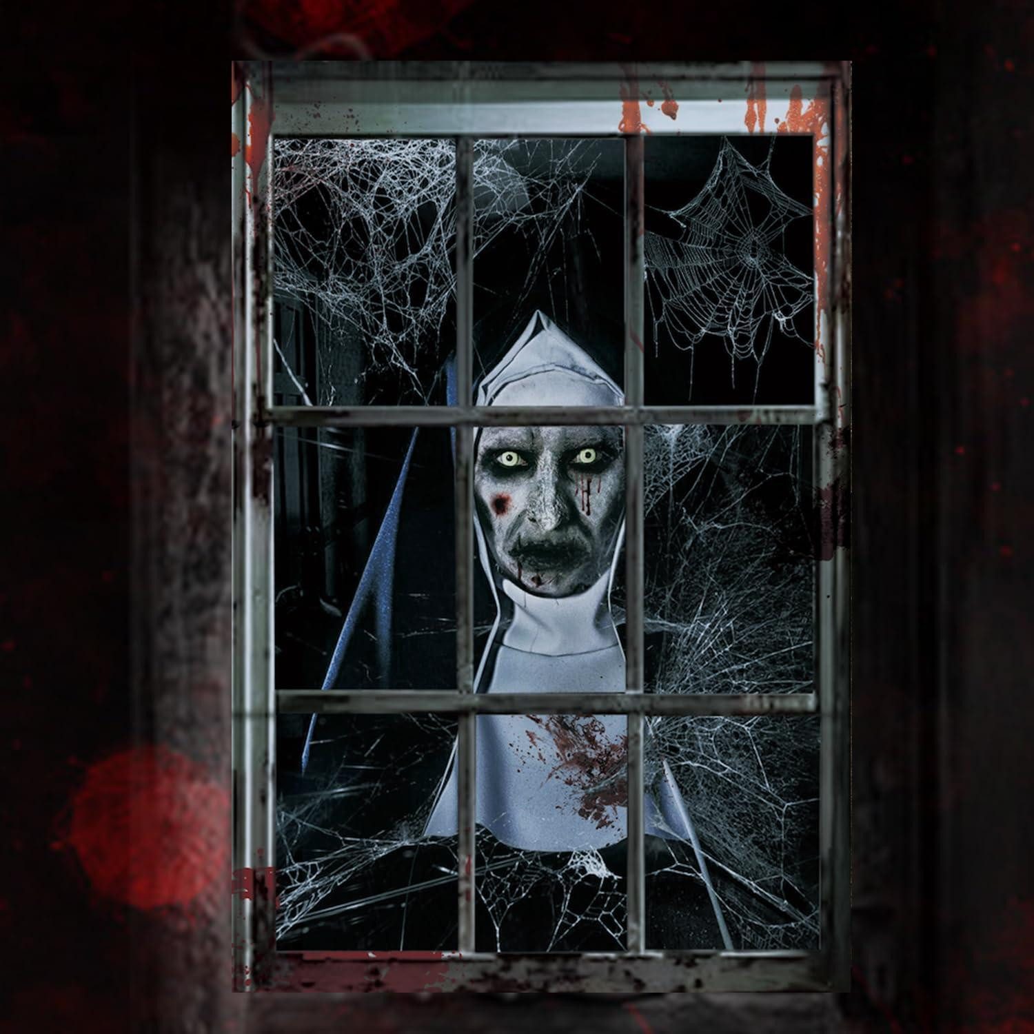 LuxusKollektion Fensterbild Fensterdeko Halloween Schwarz Weiss Nonne 80x120cm