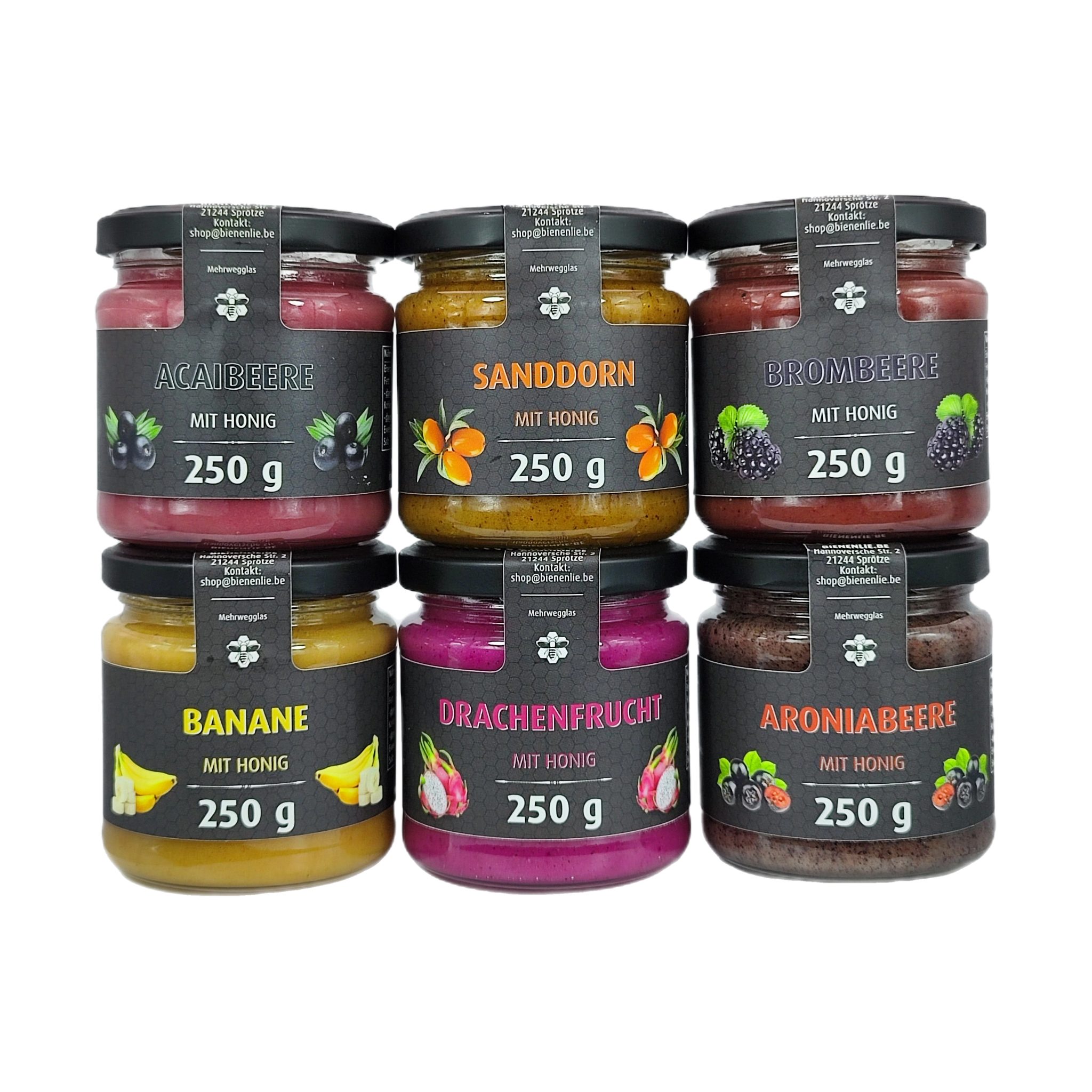Imkerei BienenLie.be Honig Honig mit Frucht 6er Set, 6 x 250 g, 6 St. (Spar-Set, Acaibeere,Sanddorn,Brombeere,Banane,Drachenfrucht,Aroniabeere)