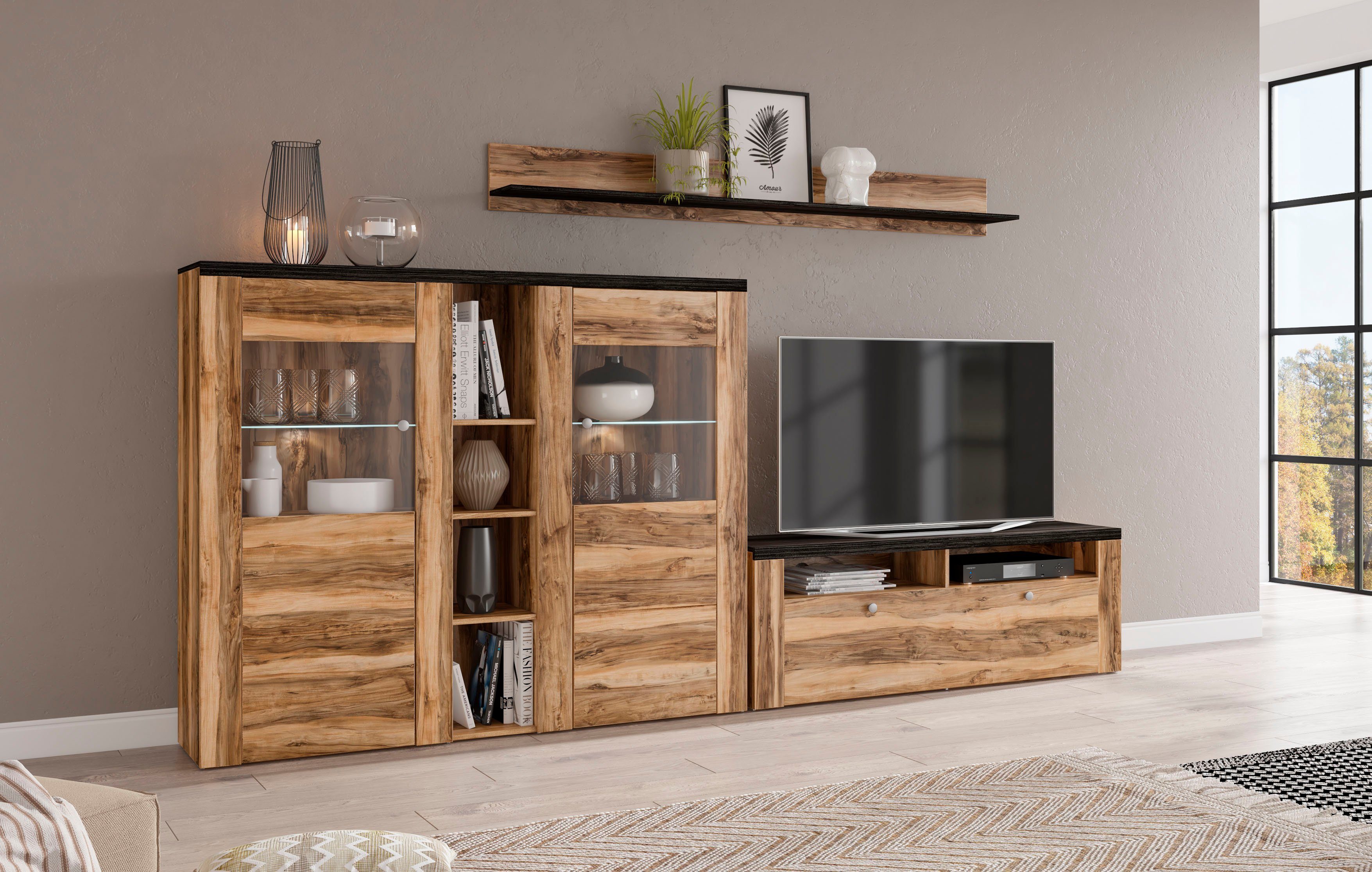 OTTO home Wohnwand Larona, Wohnwand, Set 3 teilig, (3-St), Wohnzimmer Set bestehend aus 1 TV-Board, 1 Highboard,1 Wandregal