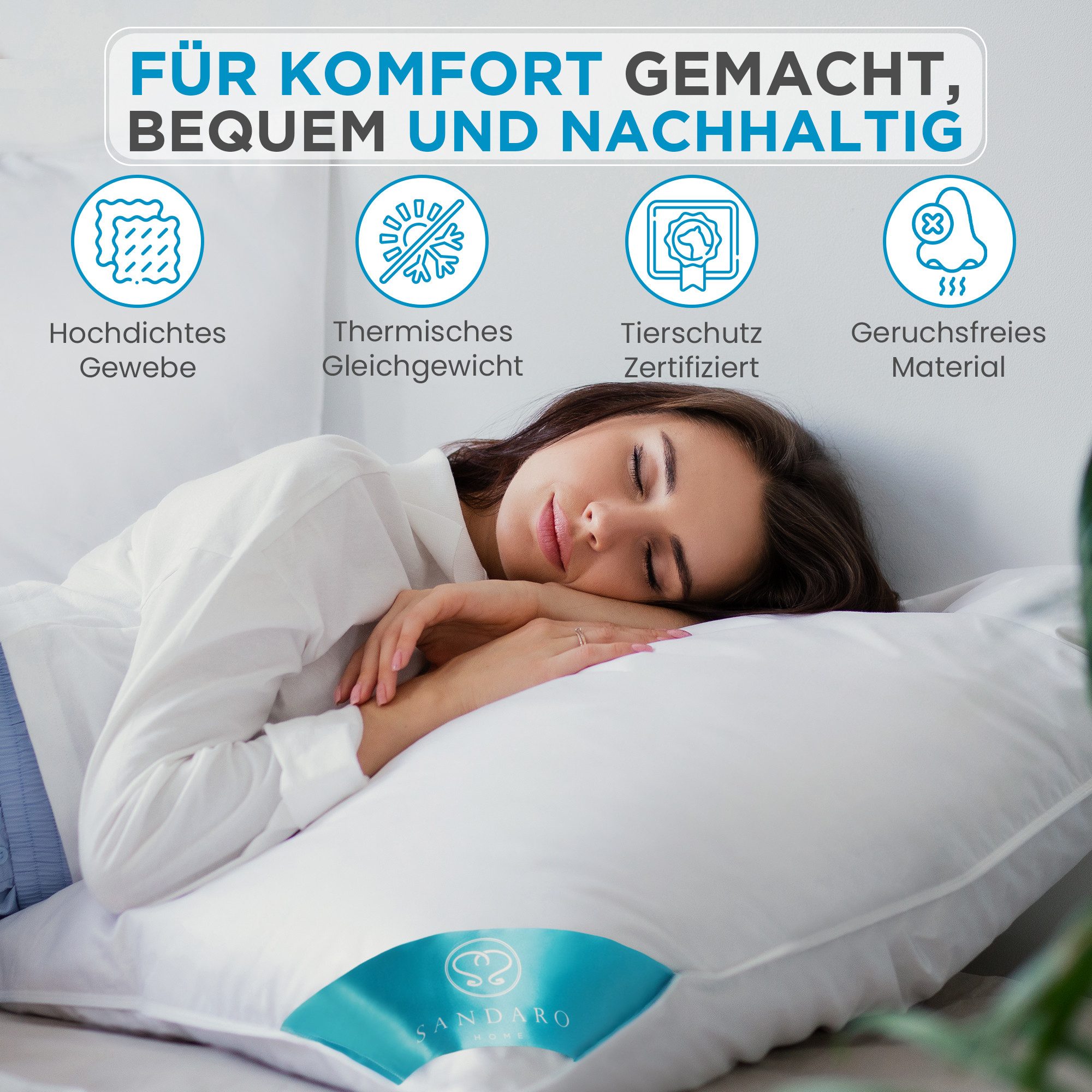 Sandaro Home Daunenkissen 1200 gr, 3-KAMMERN KISSEN, 80 x 80 cm, Bezug: Baumwolle – Bild 5 von 5