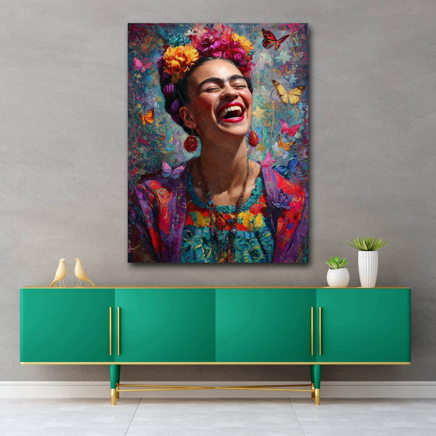 Artedinoi Leinwandbild Frida bunte Blumenkrone Leinwandbild Wandbild Kunstdruck XL Wanddeko, Frida Kahlo mit Blumenkrone