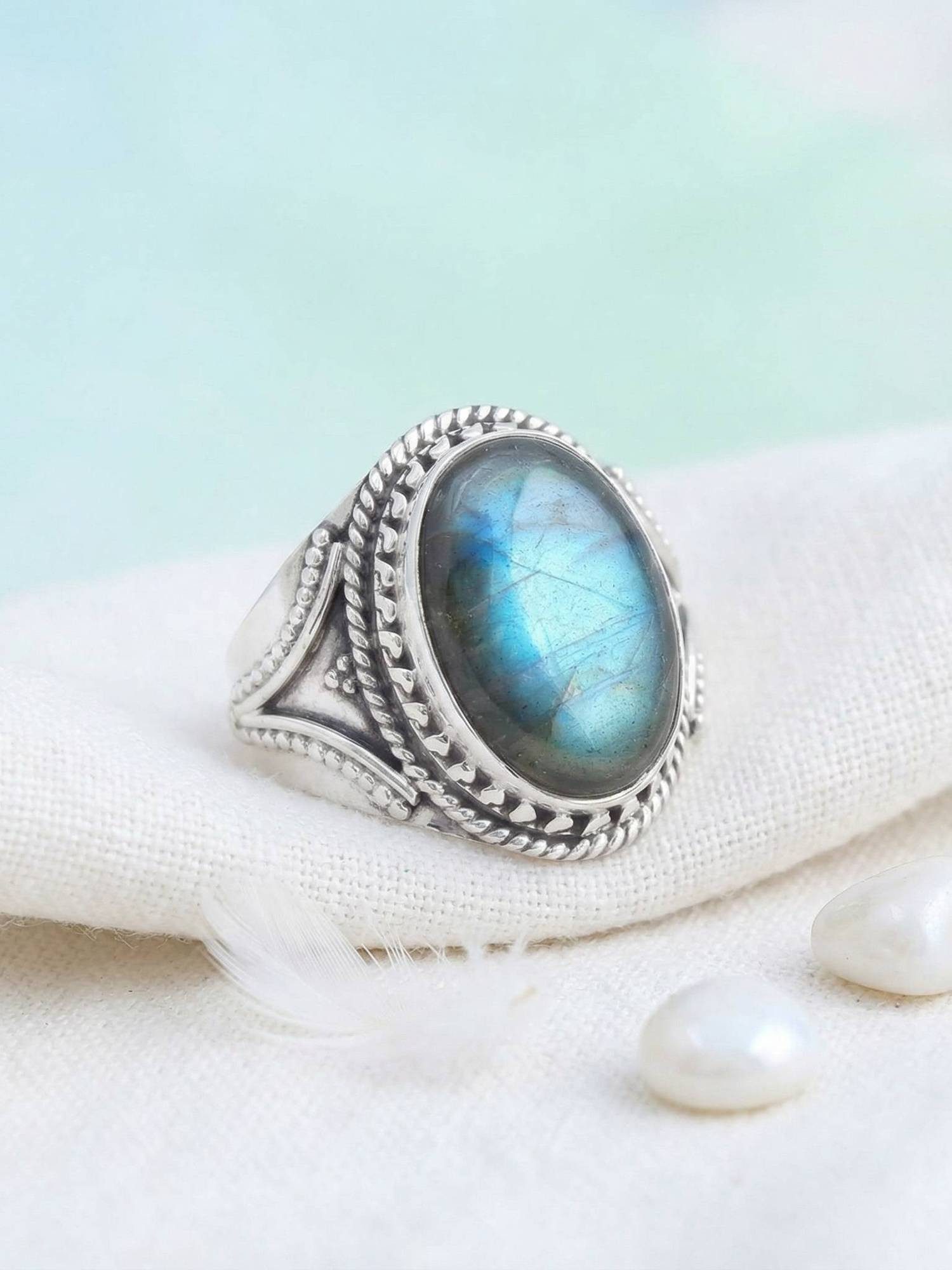 mantraroma Silberring MEKANU aus 925 Silber mit Labradorit (Ring mit Schmuckbeutel), Damenring aus 925er Silber