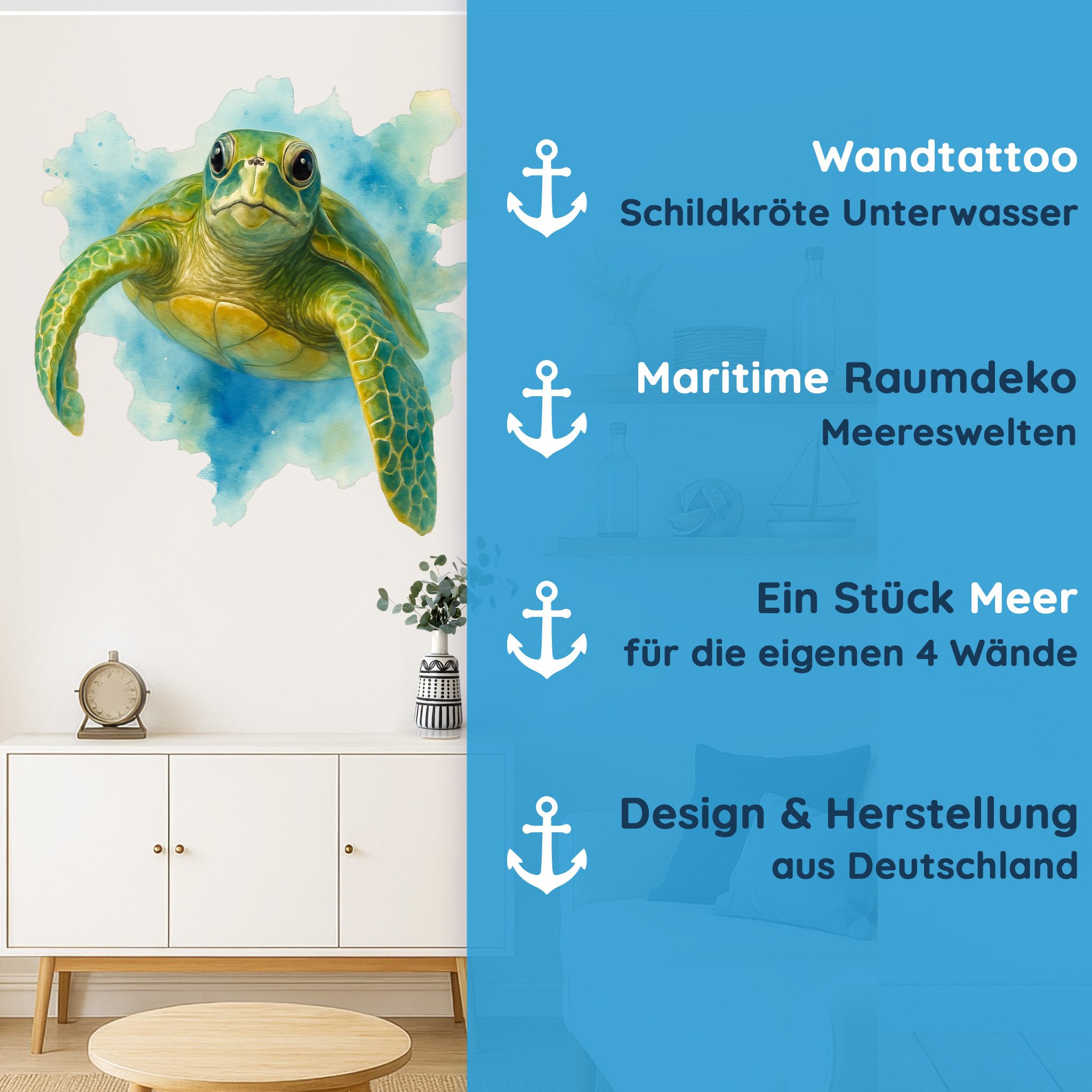 Sunnywall Wandtattoo Aufkleber Maritim Schildkröte im Wasser – Aquarellstil, selbstklebend, konturgeschnitten, rückstandslos entfernbar – Bild 4 von 5