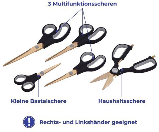 Maximex Universalschere, (Set, 5-tlg), Griffe: Schwarz Titan beschichtet Goldfarben, Scherenklingen