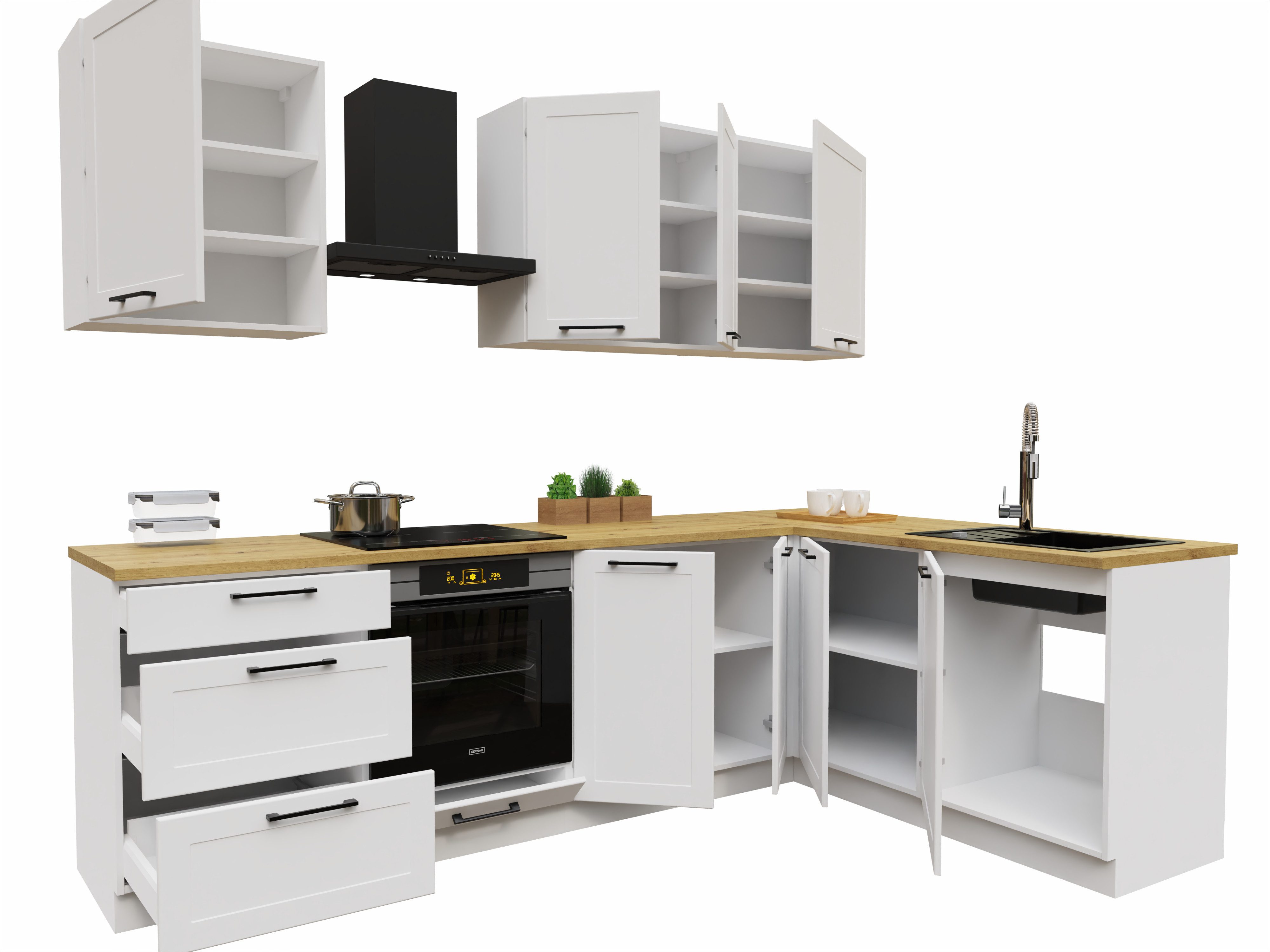 Möbel für Dich Winkelküche Eckküche im Landhausstil 260x170 cm Adele 8-teilig, mit Rahmenfronten in Mattweiß, schwarze Metallgriffe