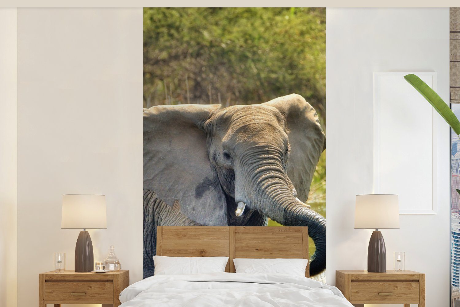 MuchoWow Fototapete Elefant - Wasser - Tiere - Natur, Matt, bedruckt, (2 St), Vliestapete für Wohnzimmer Schlafzimmer Küche, Fototapete