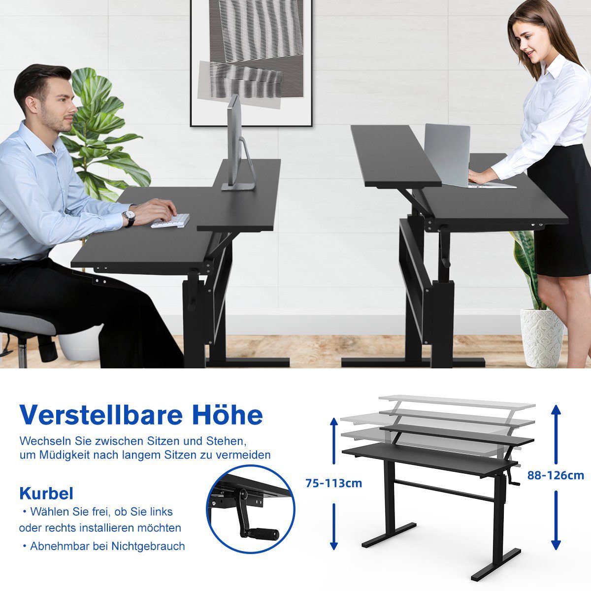 Handkurbel Regal Schreibtisch, COSTWAY Schwarz & Monitor höhenverstellbar 88-126cm,