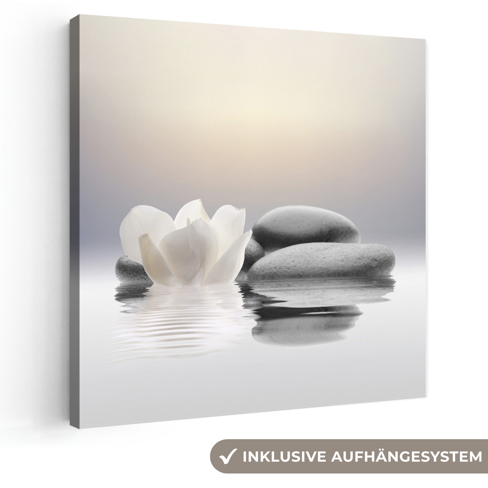 OneMillionCanvasses® Leinwandbild Steine - Lotus - Weiß - Wasser - Zen, Fotodruck (1 St), Wandbild, Deko Schlafzimmer Wohnzimmer Flur 20x20 cm