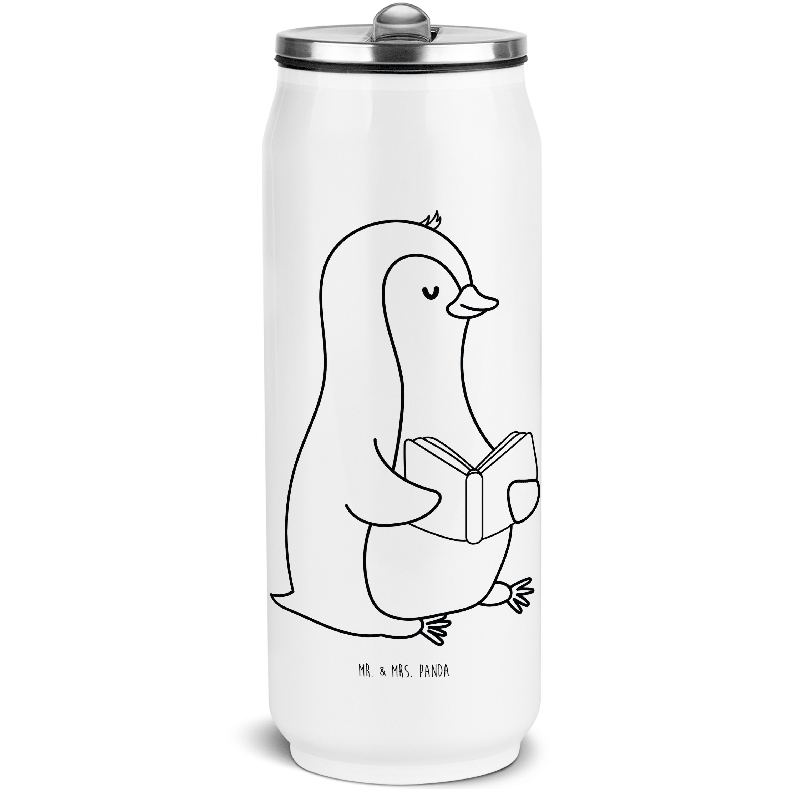 Mr. & Mrs. Panda Isolierflasche Pinguin Buch - Weiß - Geschenk, Trinkflasche, Pause, Getränkedose, Pi, integrierter Trinkhalm