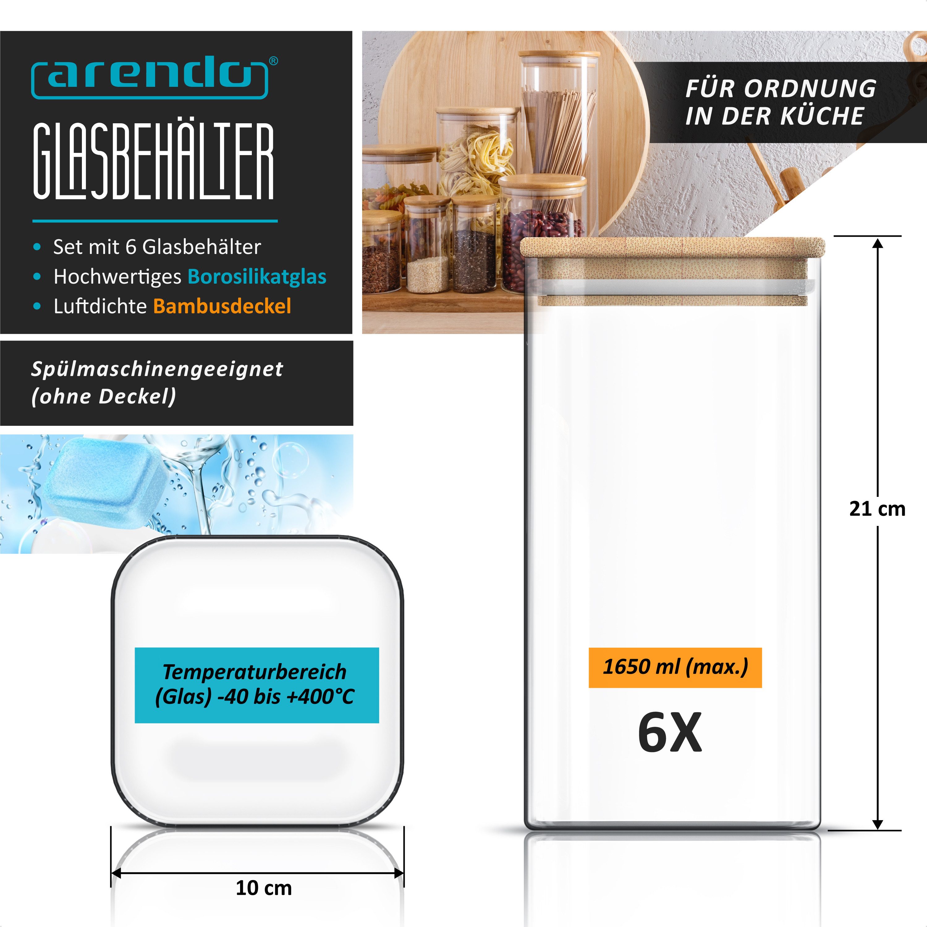 Arendo Aufbewahrungsbecher Glasbehälter-Set 6x 1,65L Borosilikat, Deckel, Aufklebern & Textmarker, Borosilikatglas; Bambus; Silikon, (Vorratsbehälter-Set, 6-tlg., 6er Set), Hitzebeständig, luftdicht, mikrowellengeeignet, spülmaschinenfest