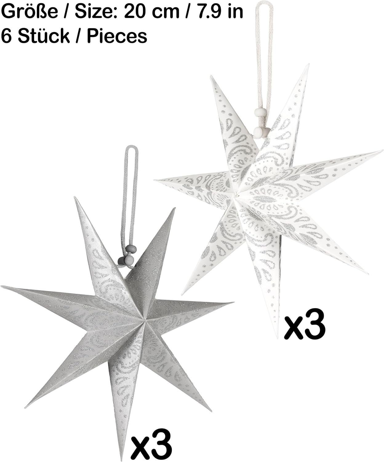 BRUBAKER Papiersterne 6 Weihnachtssterne - 20 cm Faltsterne Weihnachten - Papier Sterne, Großer Christbaumschmuck für Weihnachtsbaum und Fenster Dekoration