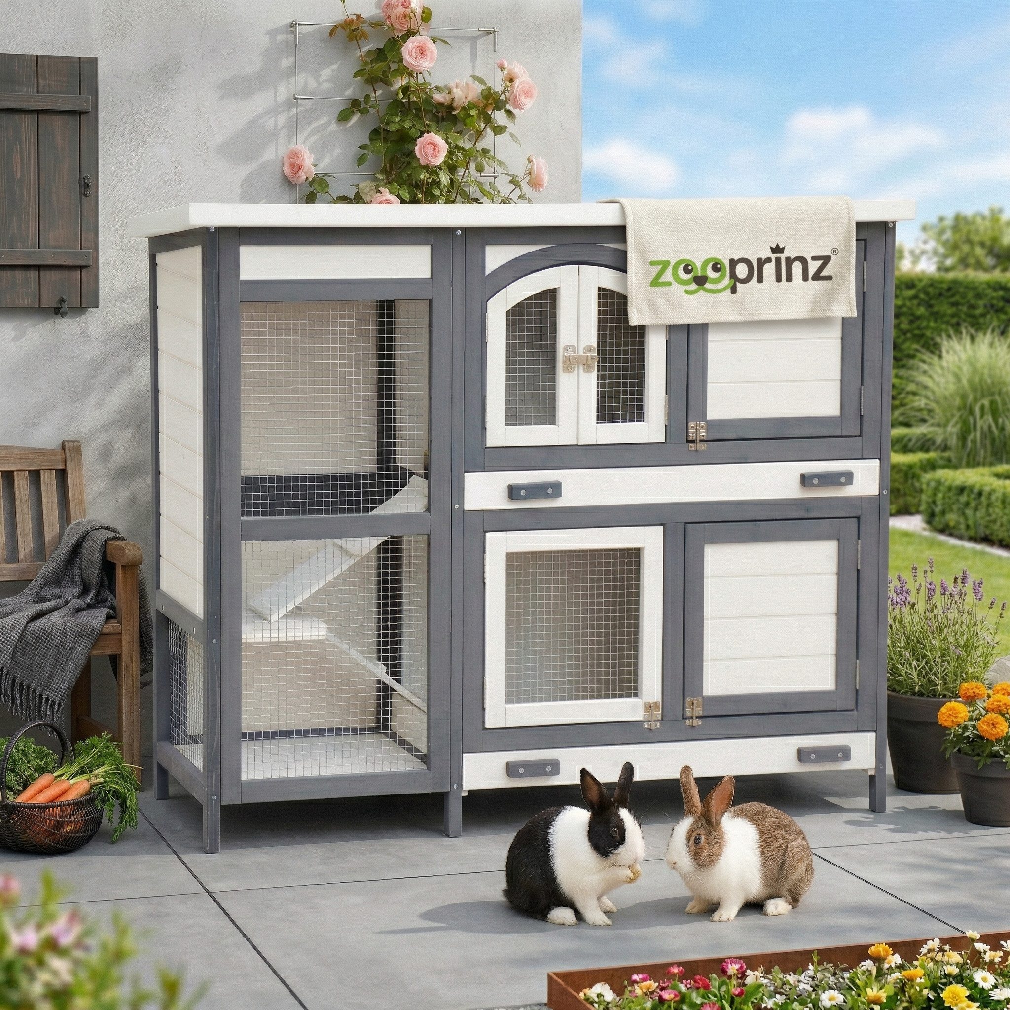 Zooprinz Kleintierstall Krümmel auf Holzfüßen 2 Etagen 122x104x48 cm (BxHxT), Bitumendach, massives Vollholz, wetterfest