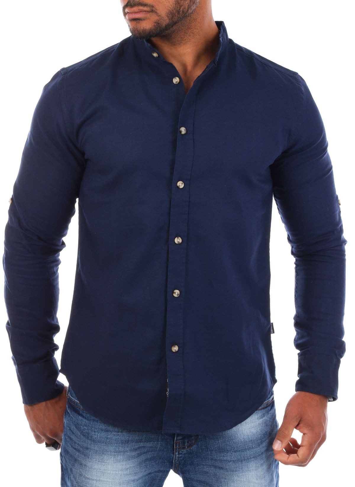 CARISMA Langarmhemd Herren Leinen Baumwoll Mix Hemd 8389 Regular Langarm Stehkragen Uni