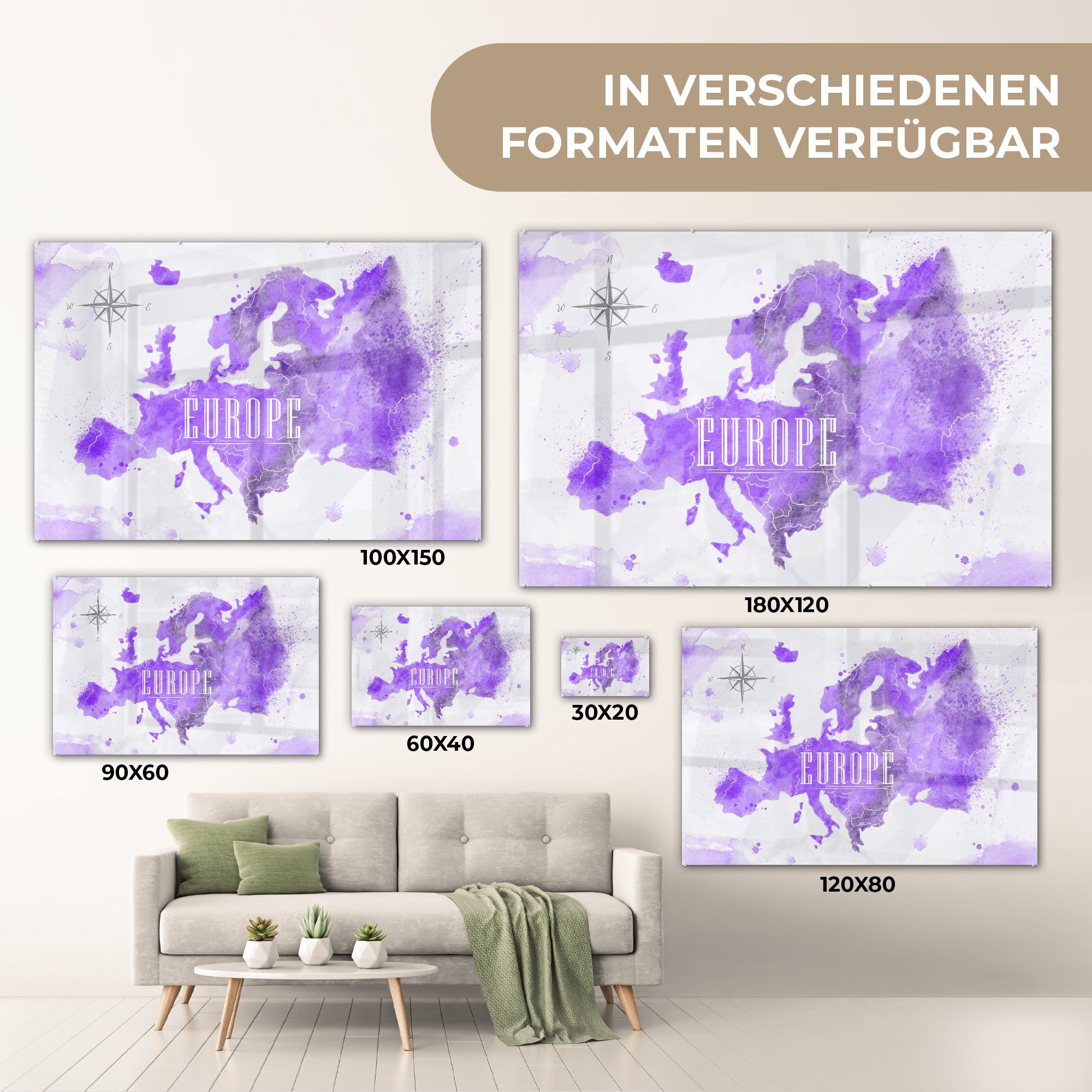 Foto - - Wanddekoration MuchoWow auf Acrylglasbild St), - (1 - Glas Wandbild Weltkarte Farbe, - Glasbilder auf Bilder Europa Glas