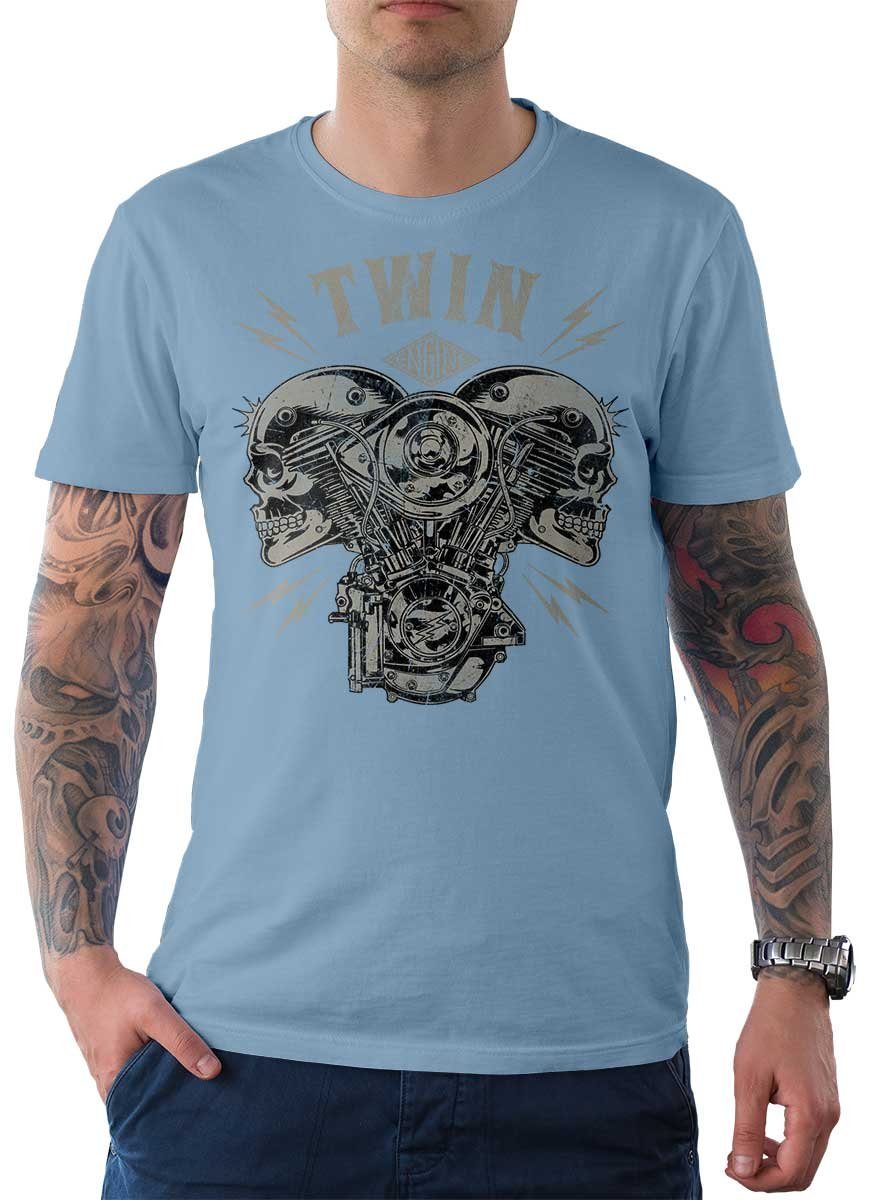 Rebel On Wheels T-Shirt mit Tee / Motorrad Herren V-Twin Biker Motiv Skull Hellblau T-Shirt
