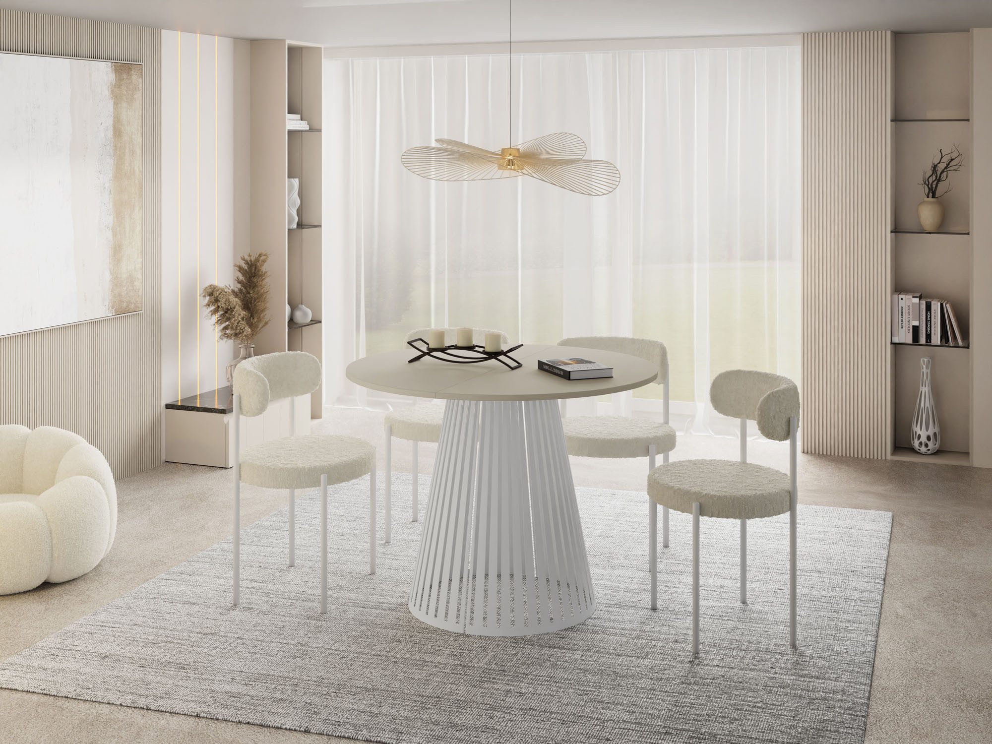 WFL GROUP Esstisch Naro White ausziehbar rund modern mit weißen Metallbeinen (MADE IN EU, erhältlich in 2 Größen – 100/120 cm, ausziehbar auf 180/200 cm), platzsparender Tisch für kleine Küche, Esszimmer oder Wohnzimmer