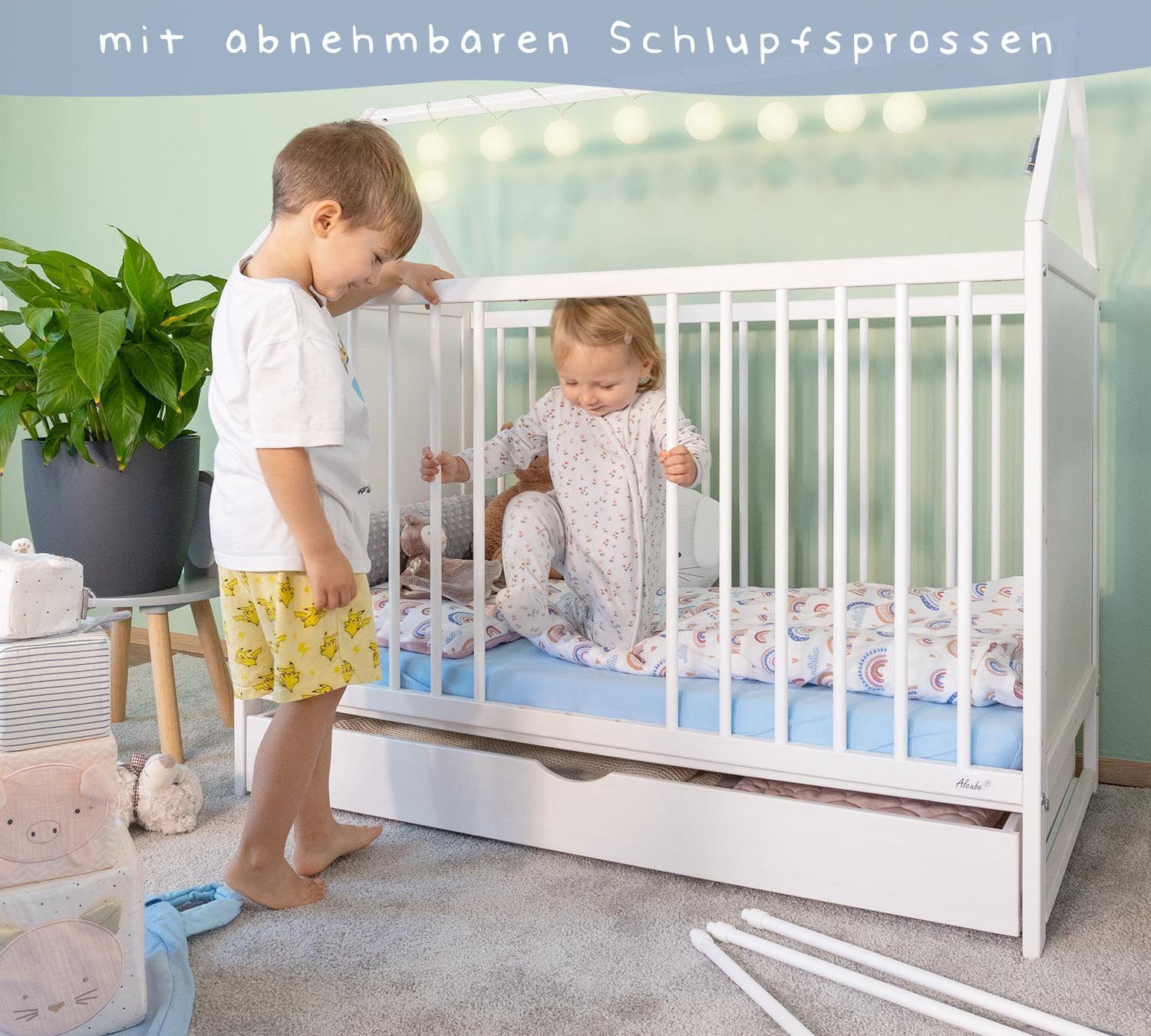 60x120 Lieferung, ohne Babybett cm Matratze Beistellbett Juniorbett mit - ohne GRATIS Gitterbett Schublade I 3 Charlie Alcube Kinderbett Matratze Weiß in 1