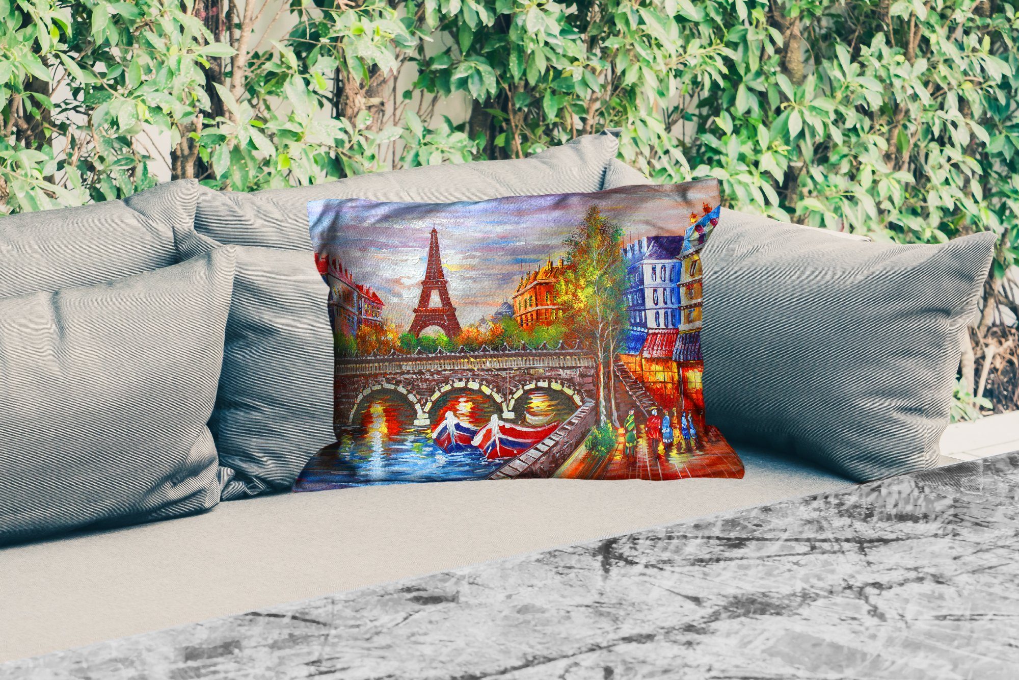 Outdoor-Dekorationskissen, Dekokissen Paris Kissenhülle - Öl - MuchoWow - Eiffelturm - Gemälde Polyester, Wasser, Dekokissenbezug,