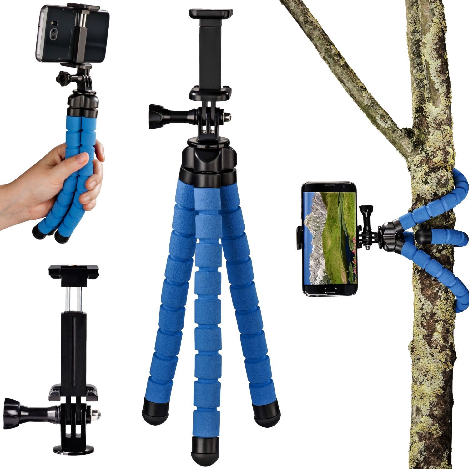 Hama Flex Flexibles Mini-Stativ 26cm Tripod Blau Kamerastativ (Beine mit 360°-Biegung Smartphone-Halterung und für GoPro ActionCam)