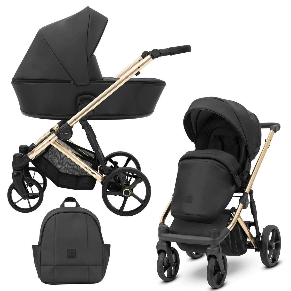 KUNERT Kombi-Kinderwagen ARIZO PREMIUM 2 n1 Öko-Leder Kinderwagen mit goldenem Gestell, 5-Punkt-Gurt, verstellbare Rückenlehne, UV50-Sonnenschutz