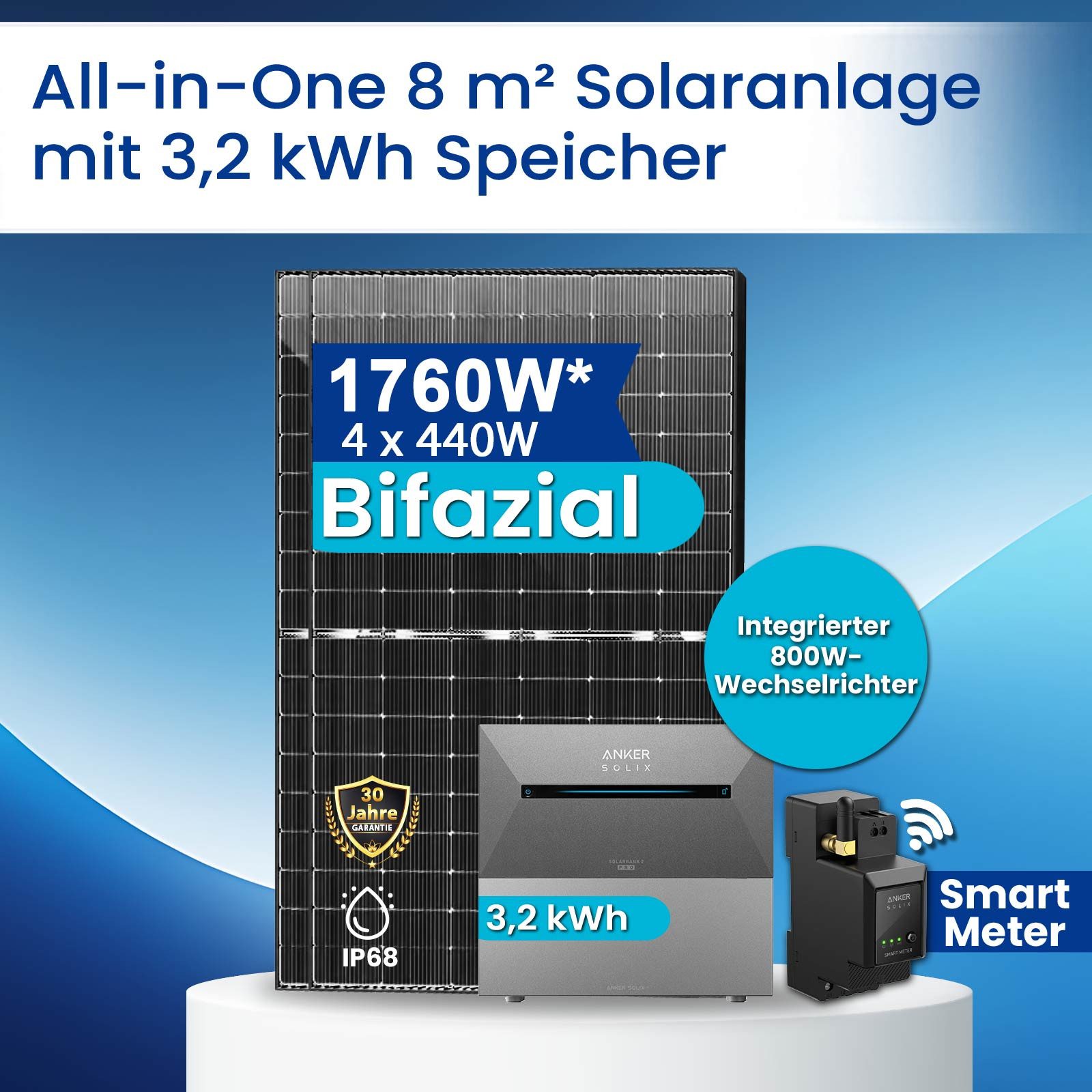 SOLAR-HOOK etm Balkonkraftwerk 1760W Bifizial Komplettset mit Speicher 3,2 kWh Anker Solix All in one, 1760,00 W, Monokristallin, (Komplettset Alles in einem 8 qm2 Solaranlage 3,2 kWh Speicher mit Balkongeländer Eckig PV-Montage, 4x440W Bifaziale Glas Solarmodule), Integriertem 800W Wechselrichter und APP & WiFi Einrichtungen