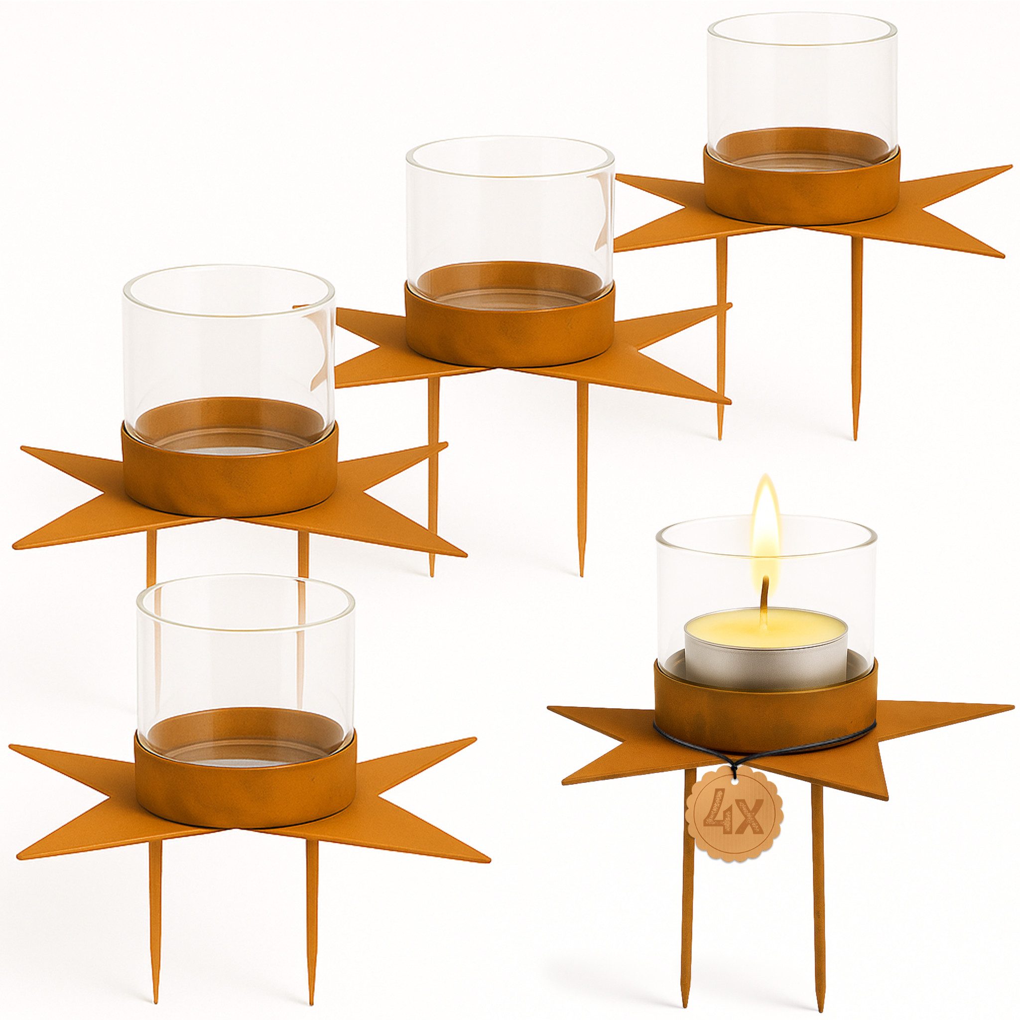 matches21 HOME & HOBBY Kerzenhalter Teelichthalter Stern 4er Set Metall rost & Glas Ø 12,5 cm (4 St), Adventskranz Kerzenhalter für Teelichter