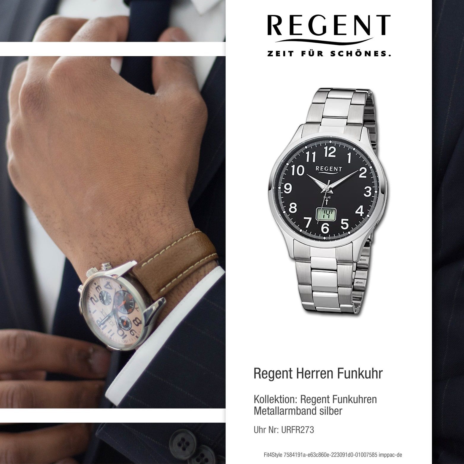 Regent Funkuhr Regent Herren rundes 40mm) Herrenuhr extra Analog-Digital, (ca. groß Metallarmband silber, Funkuhr Gehäuse