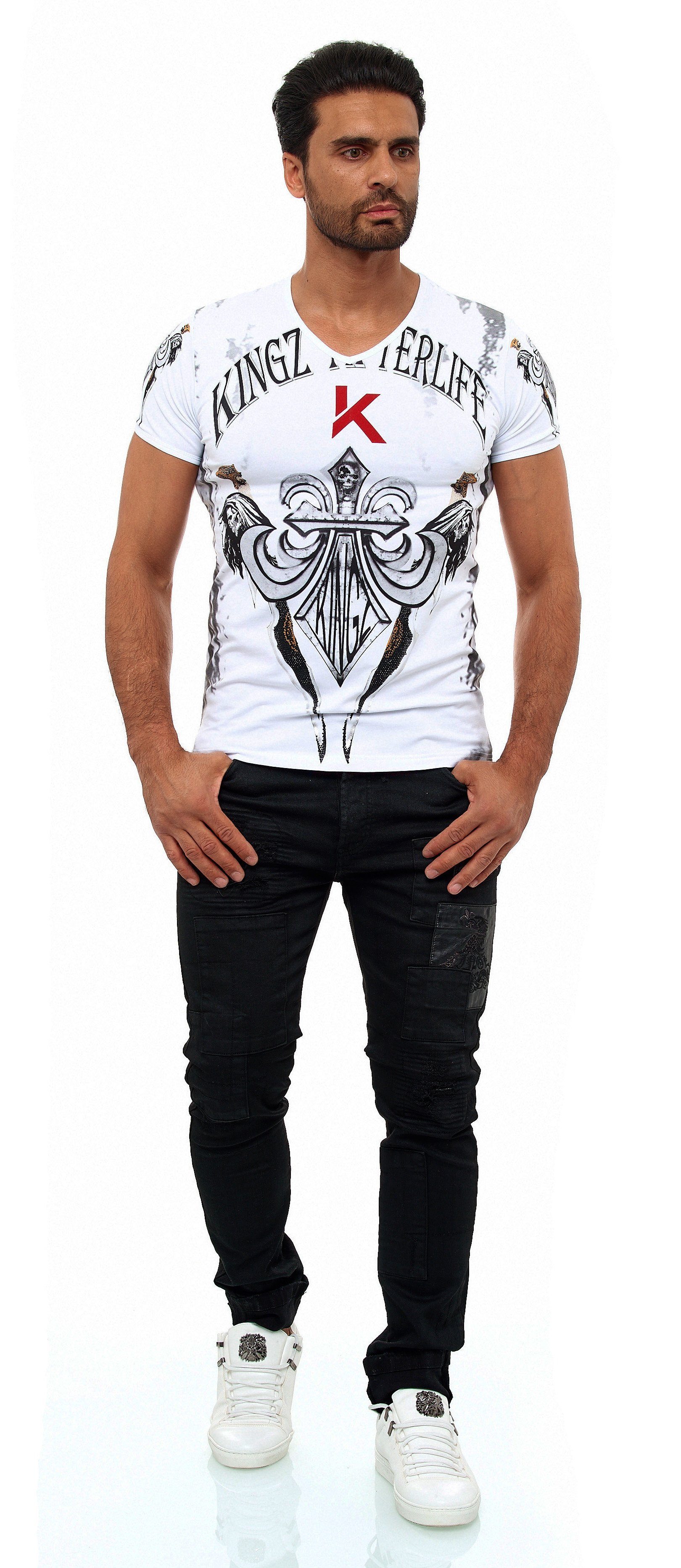 KINGZ T-Shirt mit schönem Lilien-Motiv weiß-silberfarben