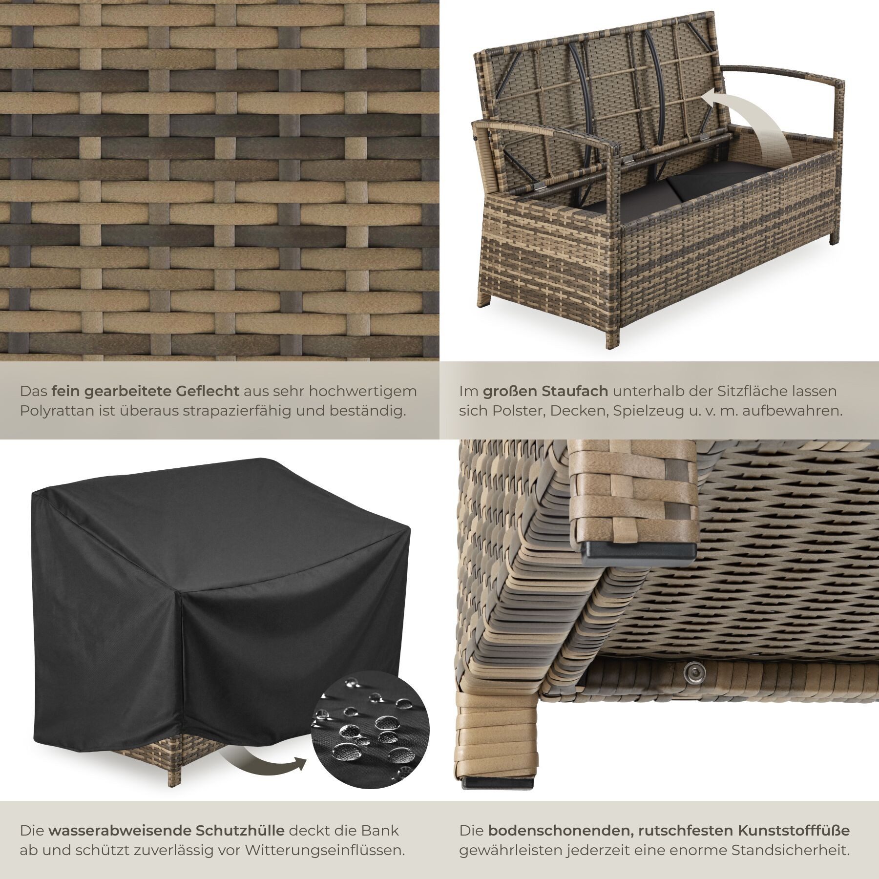 tectake Gartenbank Polyrattanbank wetterfest 2-Sitzer mit Stauraum und Schutzhülle (Gartenlounge Bank Vecchia, in Natur), Belastbarkeit 250 kg, Inkl. Sitzpolste – Bild 5 von 5
