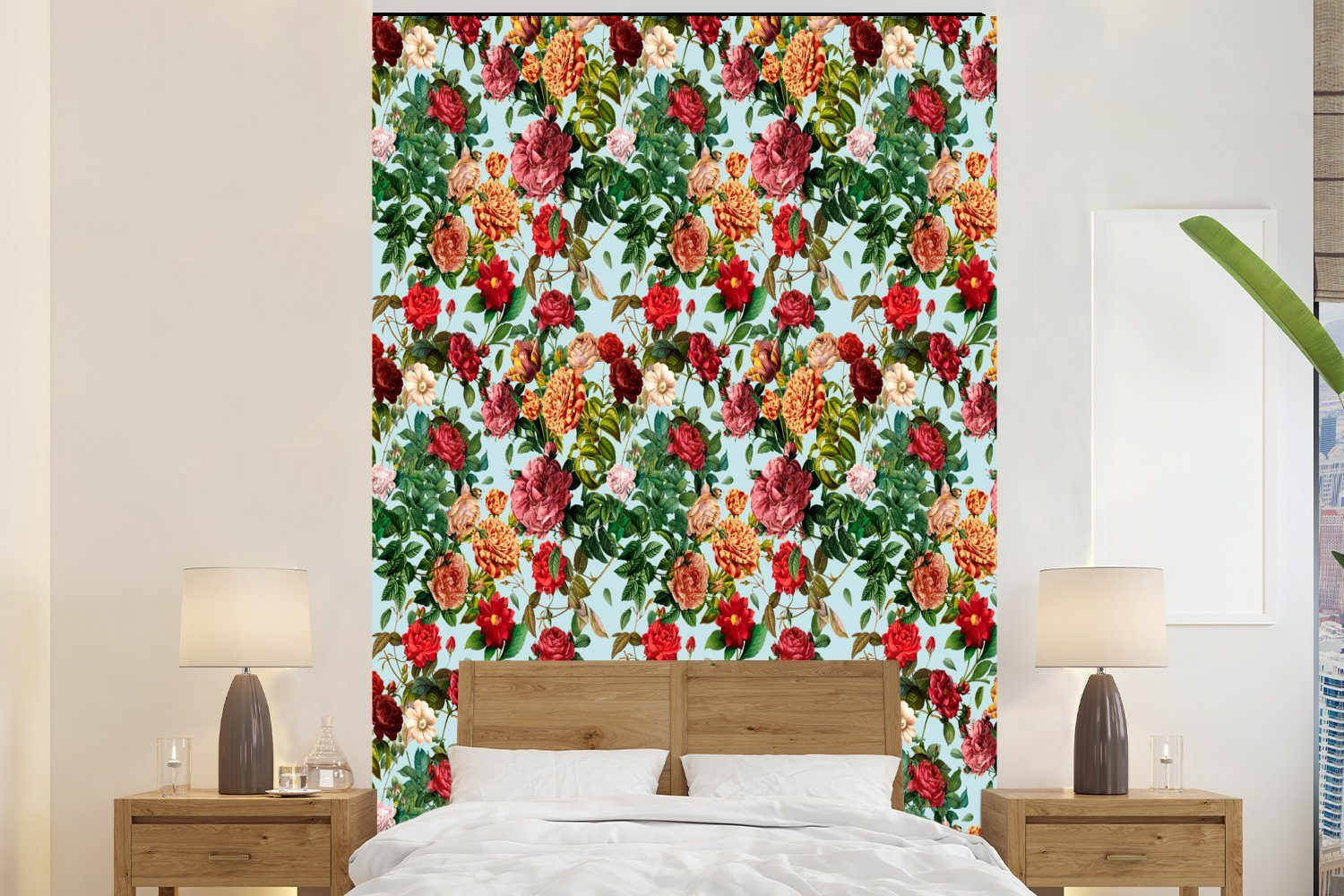 MuchoWow Fototapete Blumen - Rot - Muster, Matt, bedruckt, (3 St), Montagefertig Vinyl Tapete für Wohnzimmer, Wandtapete