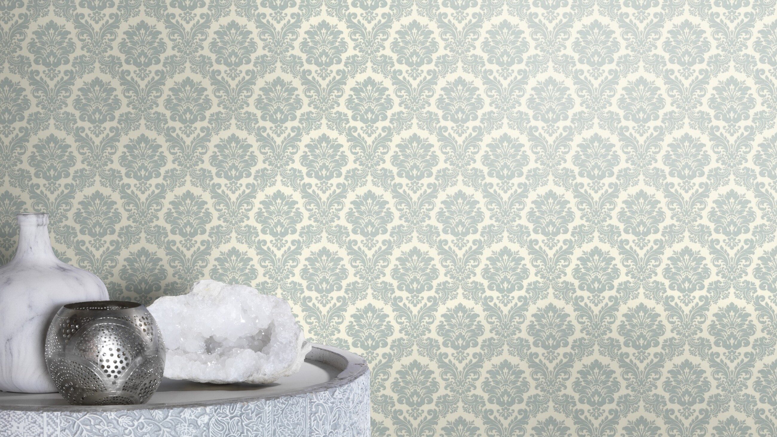 Rasch Vliestapete Barock - Vinyltapete Beige Blau, Barock, (1 Rolle, 1 St., 10,05 m x 0,53 m), gute Lichtbeständigkeit, feucht abwischbar, restlos abziehbar