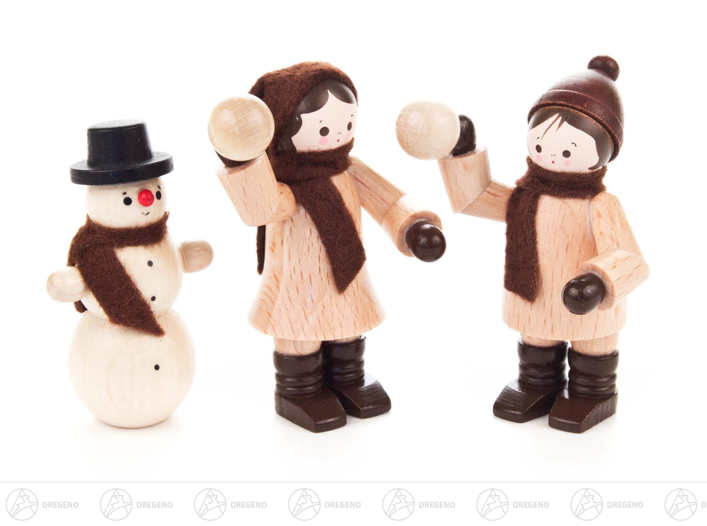 Dregeno Erzgebirge Weihnachtsfigur Miniatur Schneeballwerfer mit Schneemann natur (3 Höhe ca 6 cm NEU