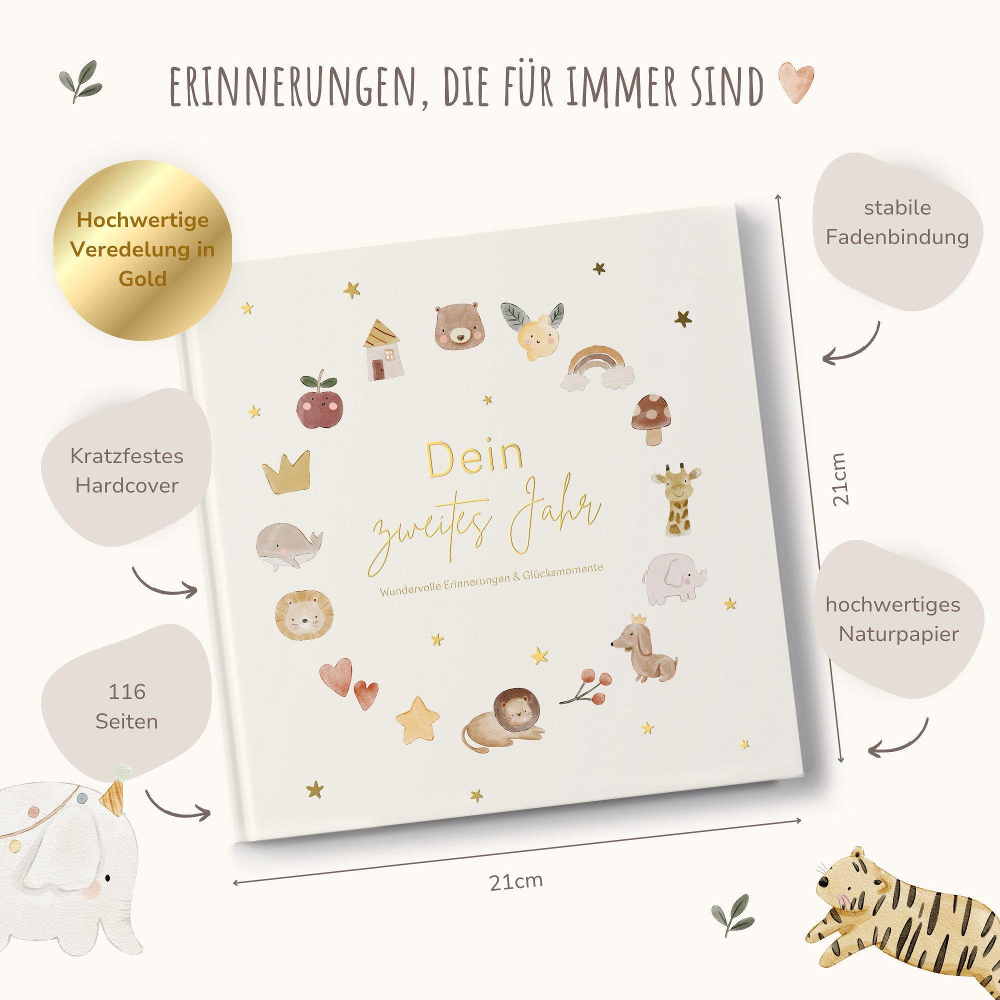 MeinBaby123® Tagebuch Dein 2tes Jahr - Erinnerungsbuch hochwertig vergoldet, Perfektes Geschenk zum ersten Geburtstag, Geschenkidee