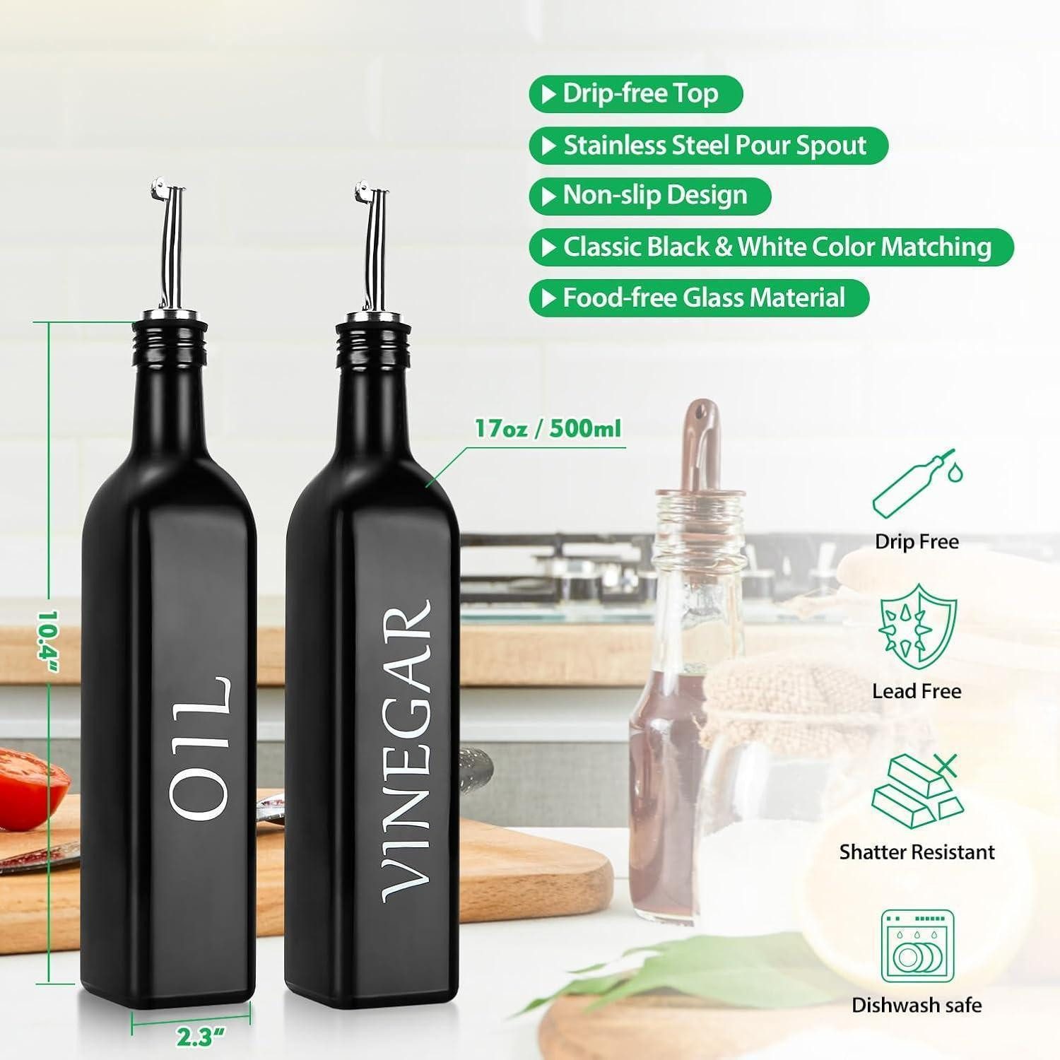 LuxusKollektion Ölspender Öl Essigspender Glas 500ml Caddy Halter Edelstahl 2 Stück Schwarz – Bild 4 von 5