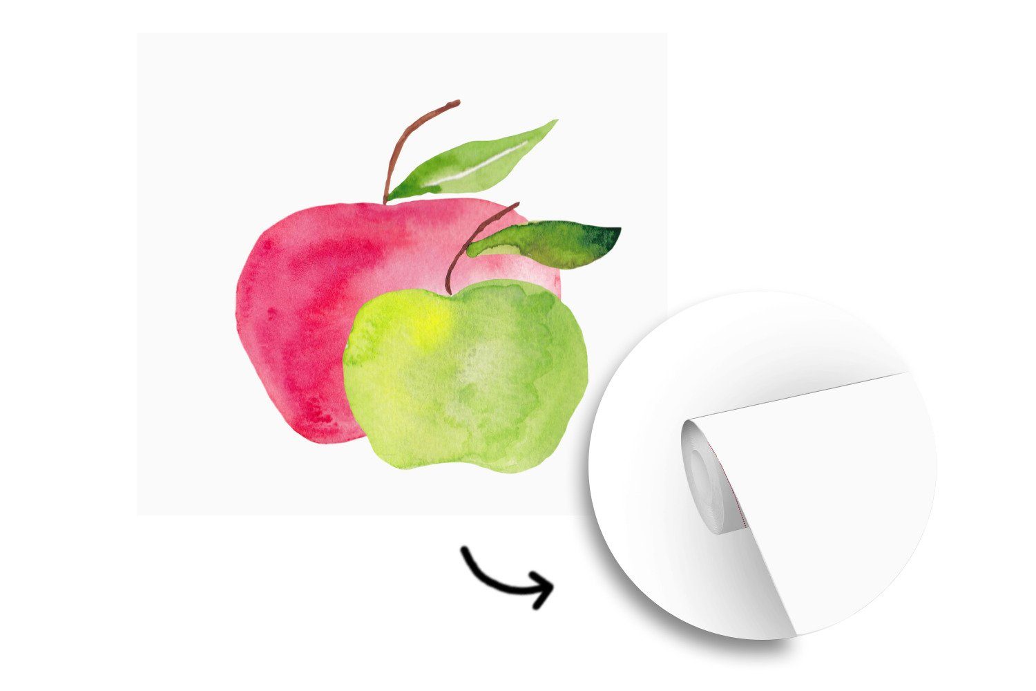 Äpfel bedruckt, Tapete St), (5 - Fototapete oder Schlafzimmer, Weiß, Wohnzimmer Aquarell Wandtapete Vinyl - Matt, MuchoWow für