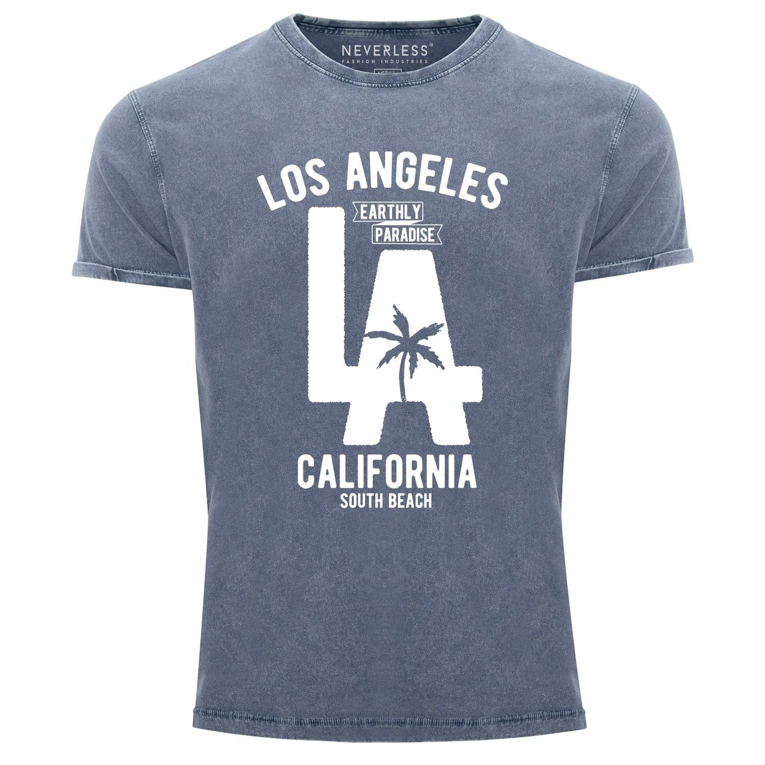 Fit T-Shirt blau mit Herren Shirt Angesagtes Aufdruck Angeles Slim LA Print Los Vintage Neverless® Cooles Neverless California Used Print-Shirt Look