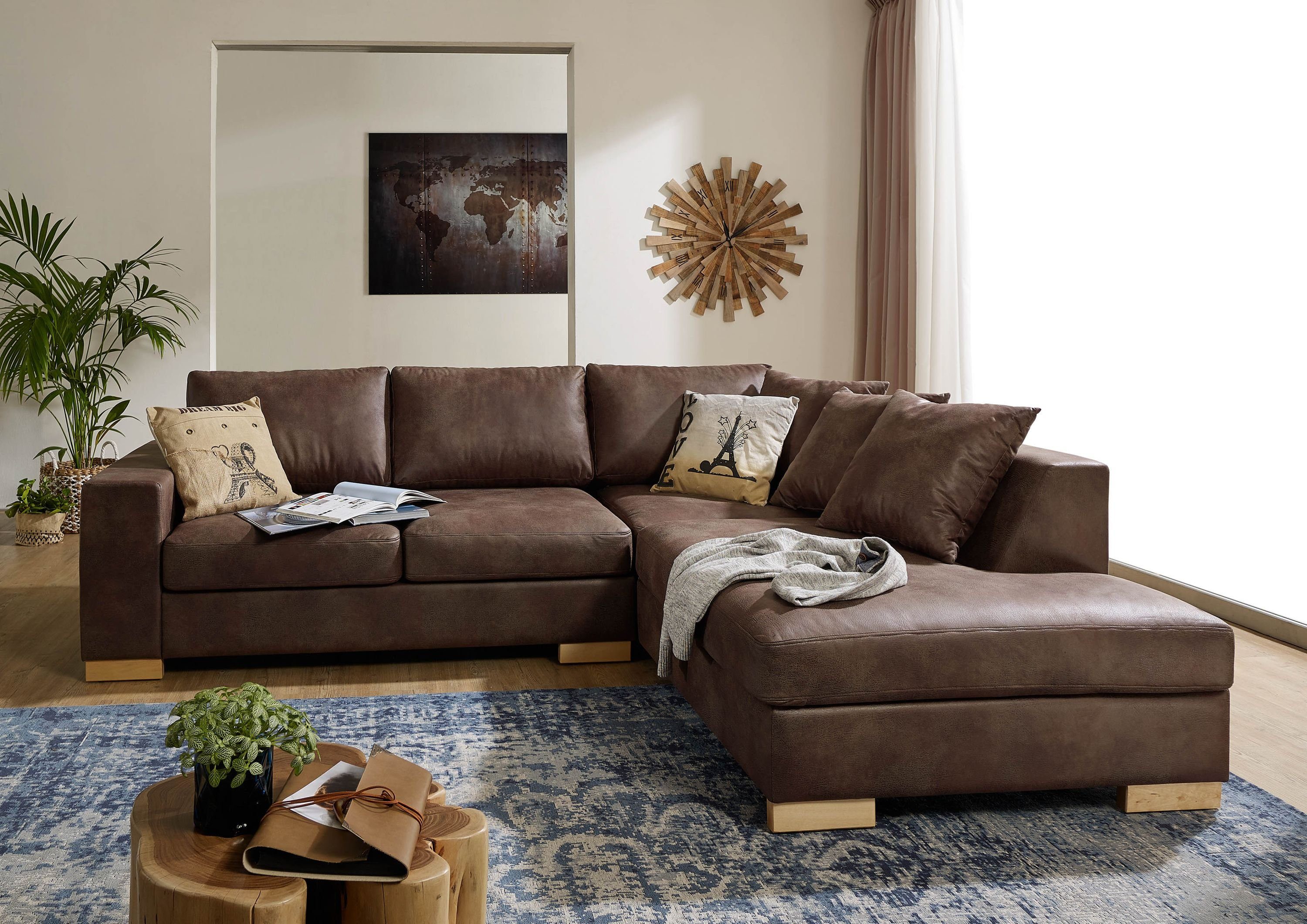 Massivmoebel24 Ecksofa, Ecksofa inklusive Kissen 266x216x90 braun Antik Optik HAVANNA