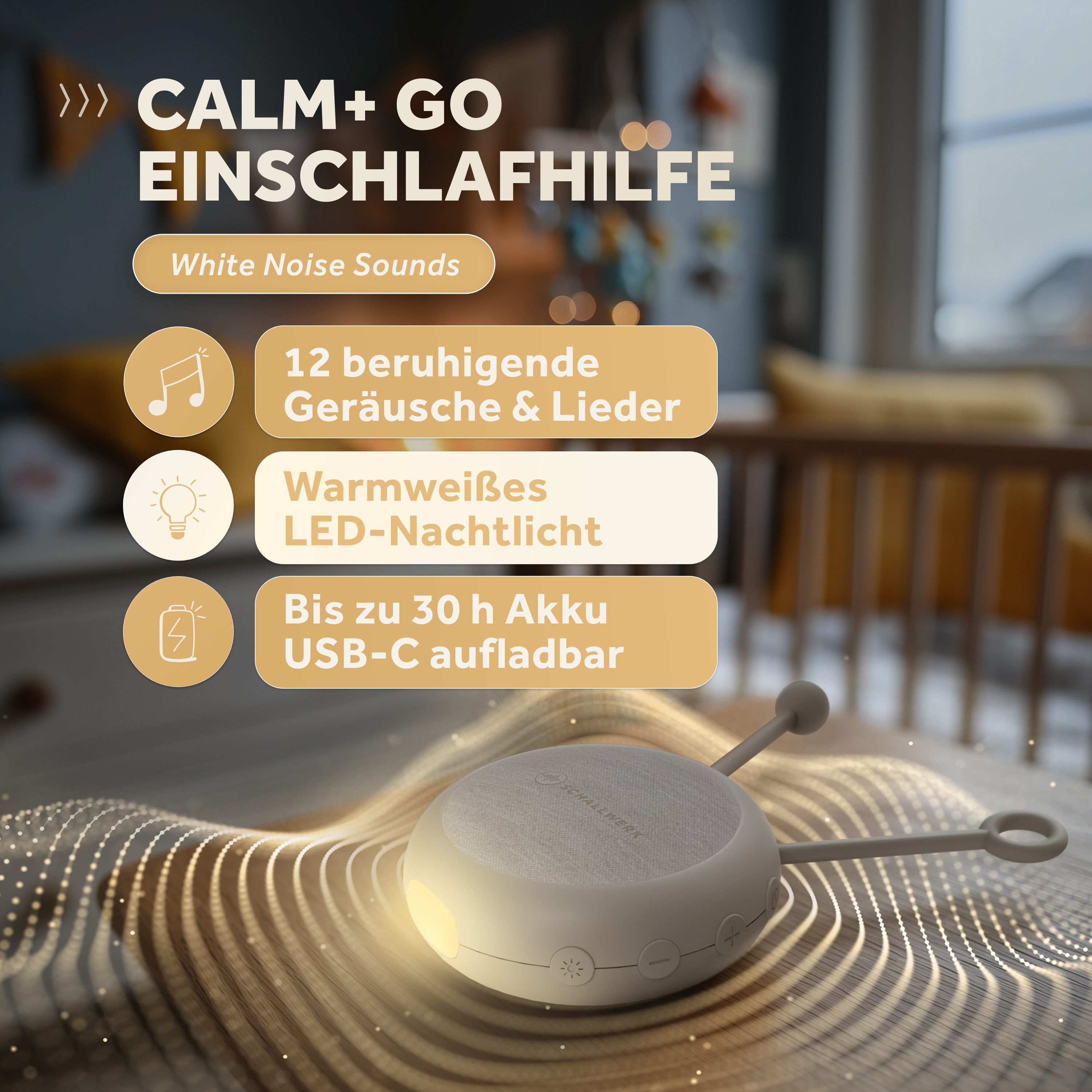 Schallwerk Einschlafhilfe White Noise Machine Babys und Erwachsene Einschlaf- und Durchschlafhilfe (tragbar, Nachtlicht, lange Akku Laufzeit, Timer, Schlaufe)