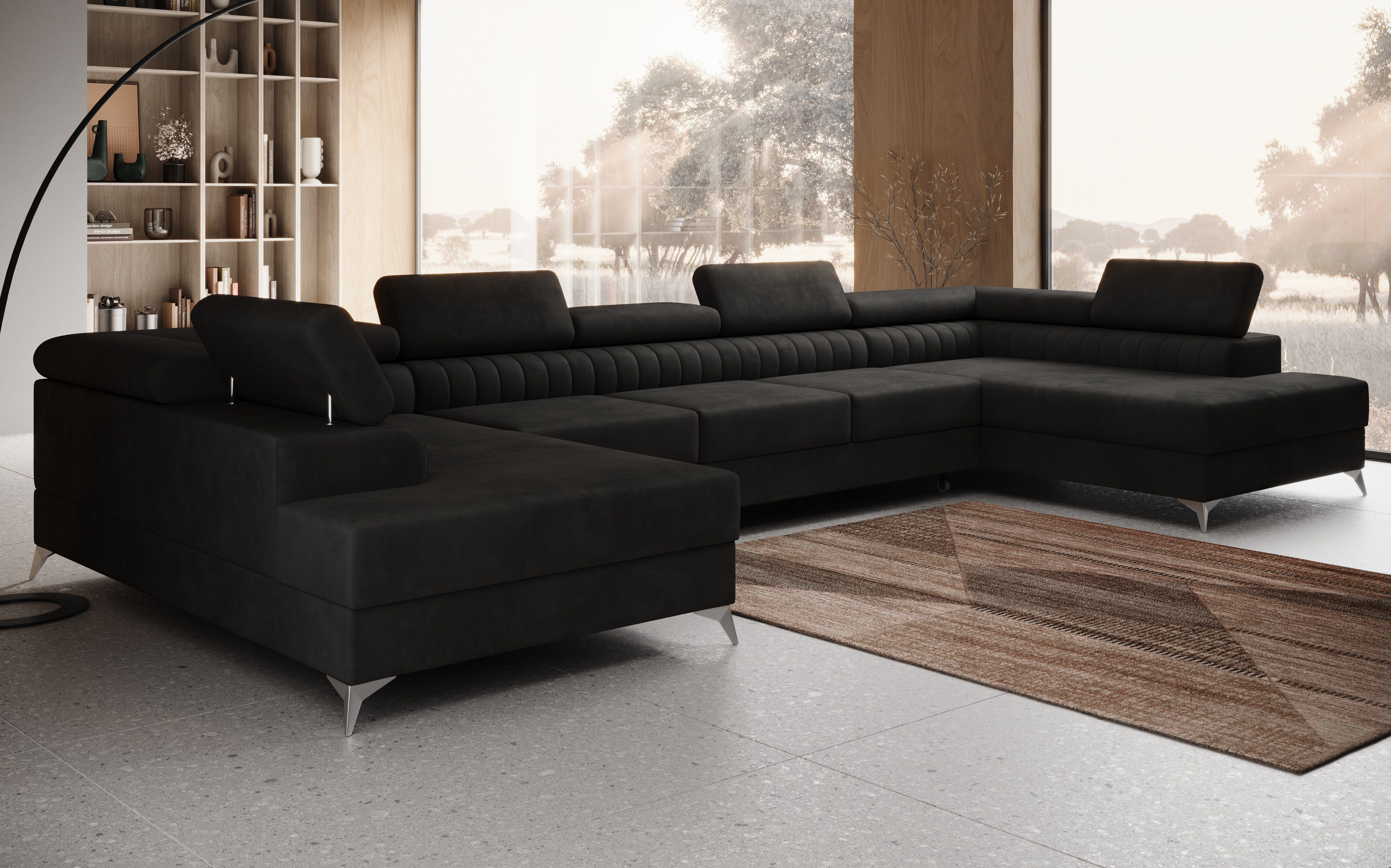 thematys Ecksofa FERMO 403 x 203cm mit Schlaffunktion & Bettkasten –, U-Sofa mit verstellbaren Kopfstützen, Samt (Monolotith), oder Bouclé (Quelle), - U-Form, XL-Wohnlandschaft, 390 cm breit